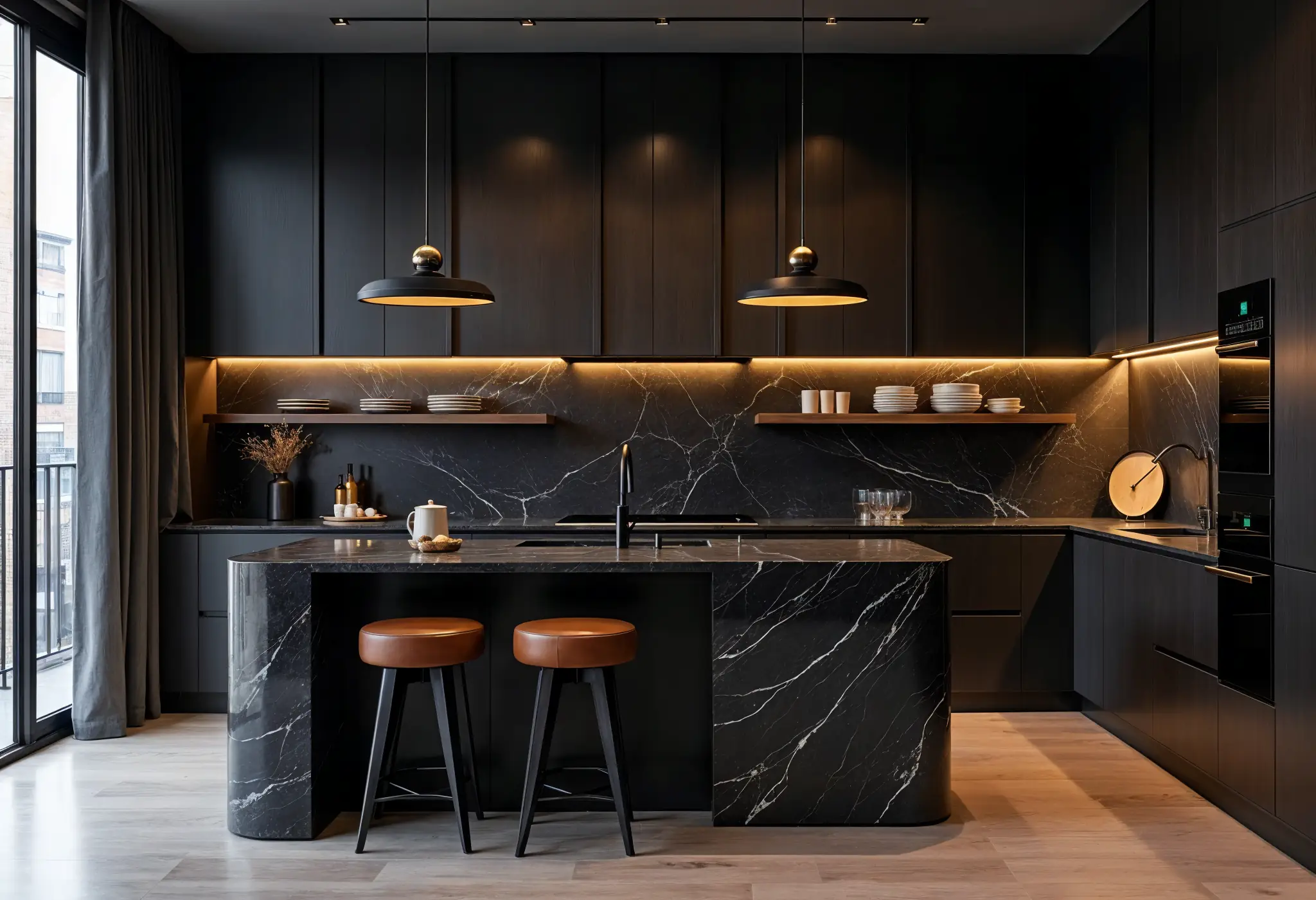 Moody minimalist kitchen with dark wood cabinetry, black marble island, and warm lighting.