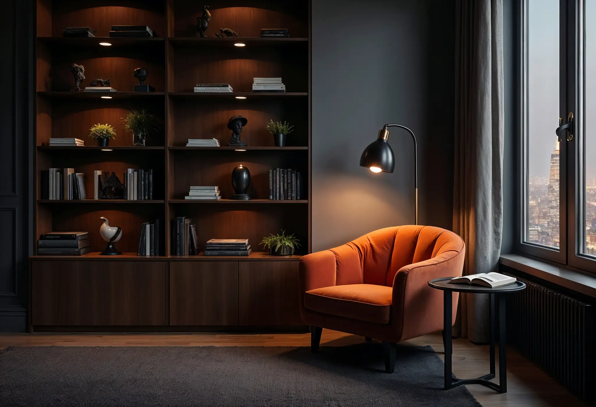 Cozy minimalist reading nook with a velvet armchair, warm lighting, and a city view.