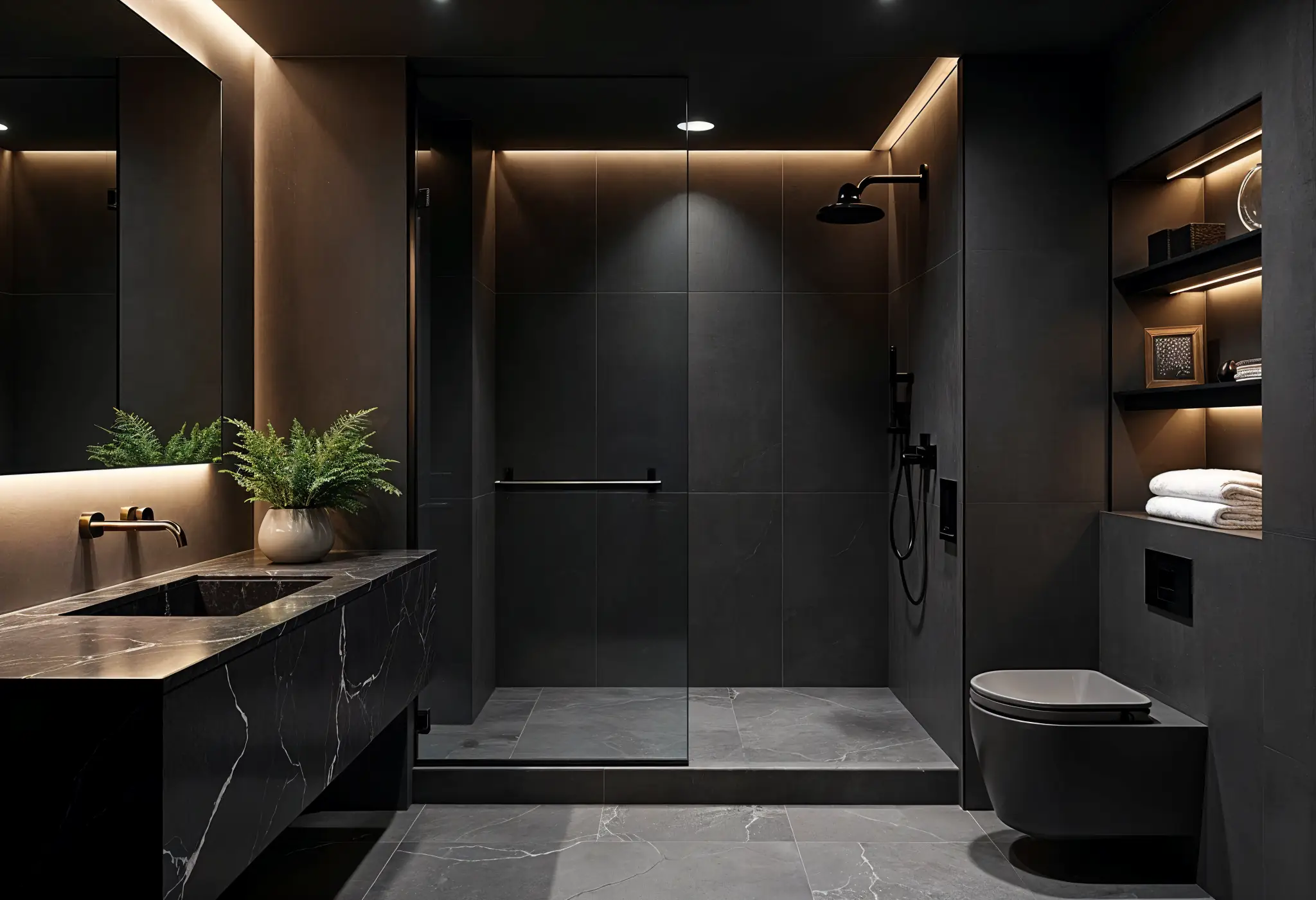 Dark minimalist bathroom with slate walls, black marble vanity, and moody lighting.