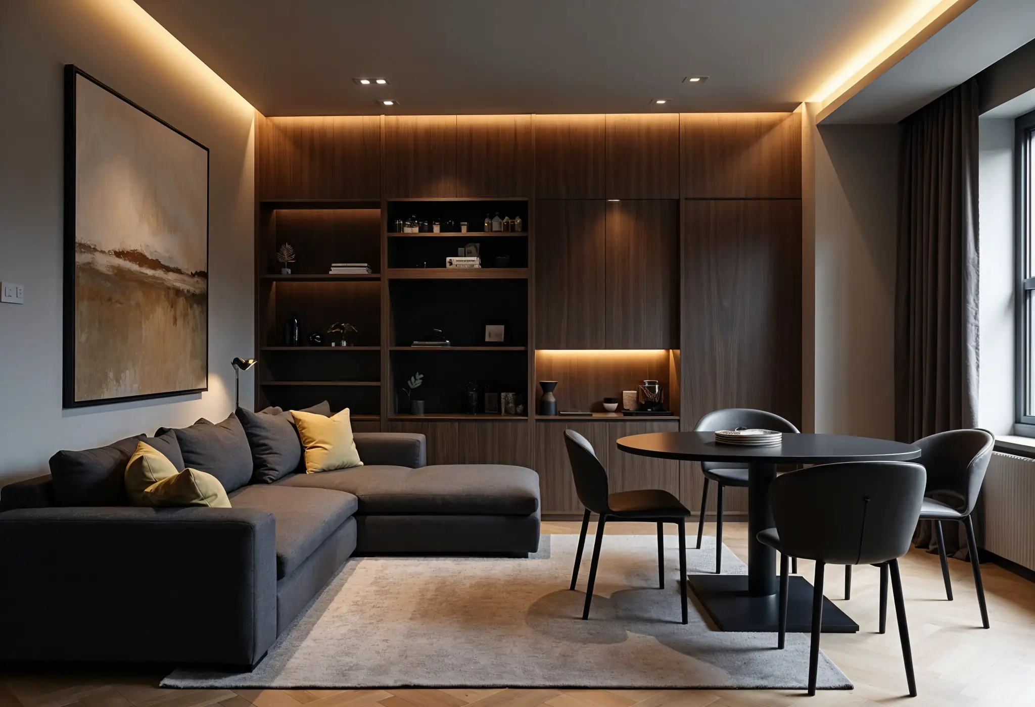 Stylish moody minimalist living space with smart storage and multifunctional furniture.