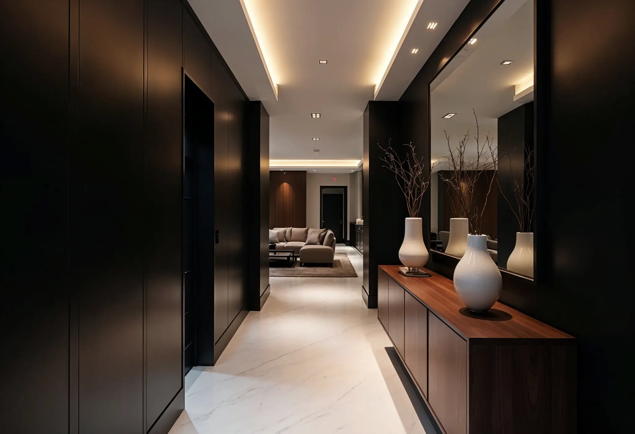 Dramatic moody minimalist hallway with black walls, sculptural decor, and warm lighting.