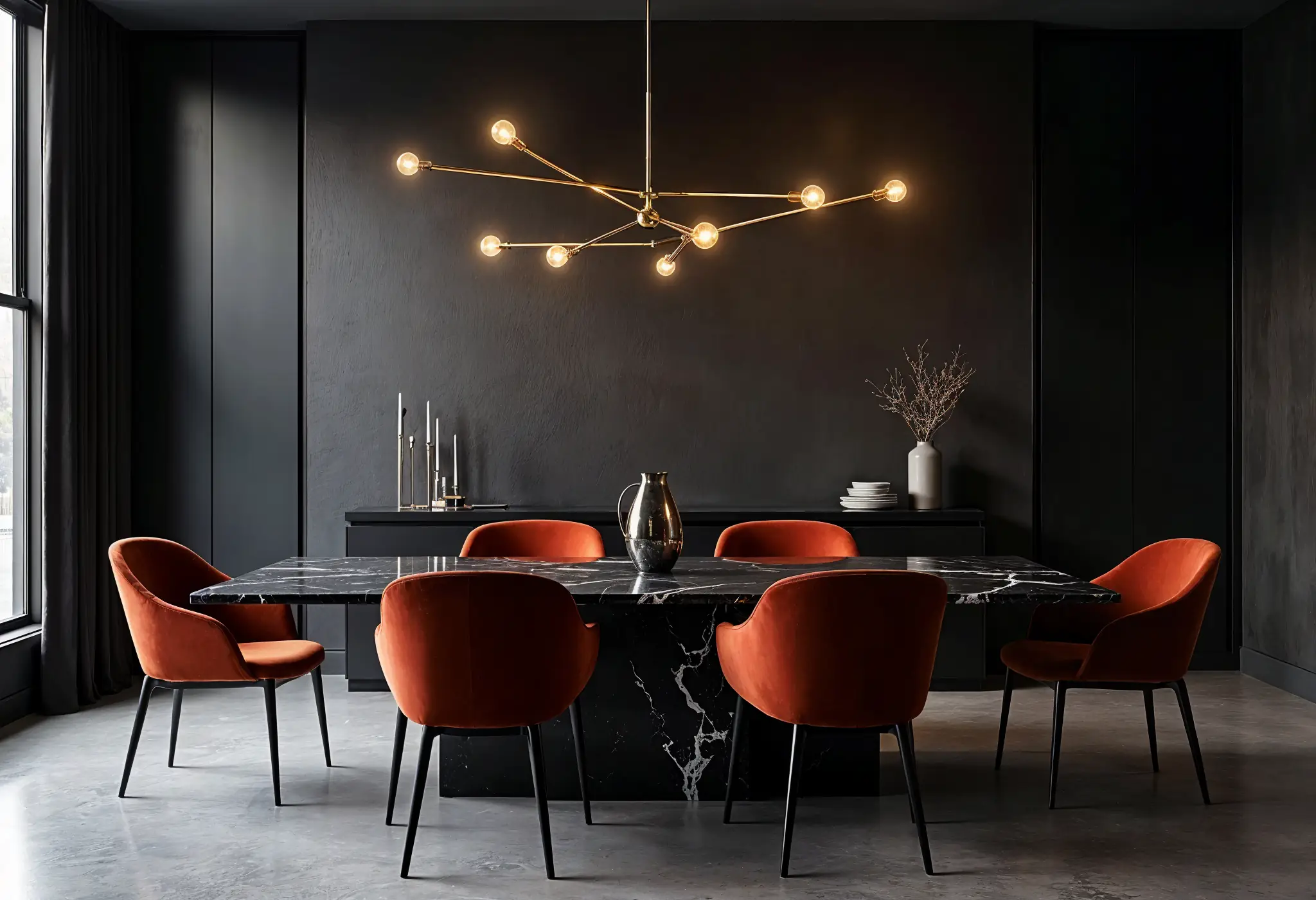 Moody minimalist dining space with a black marble table, velvet chairs, and brass lighting.