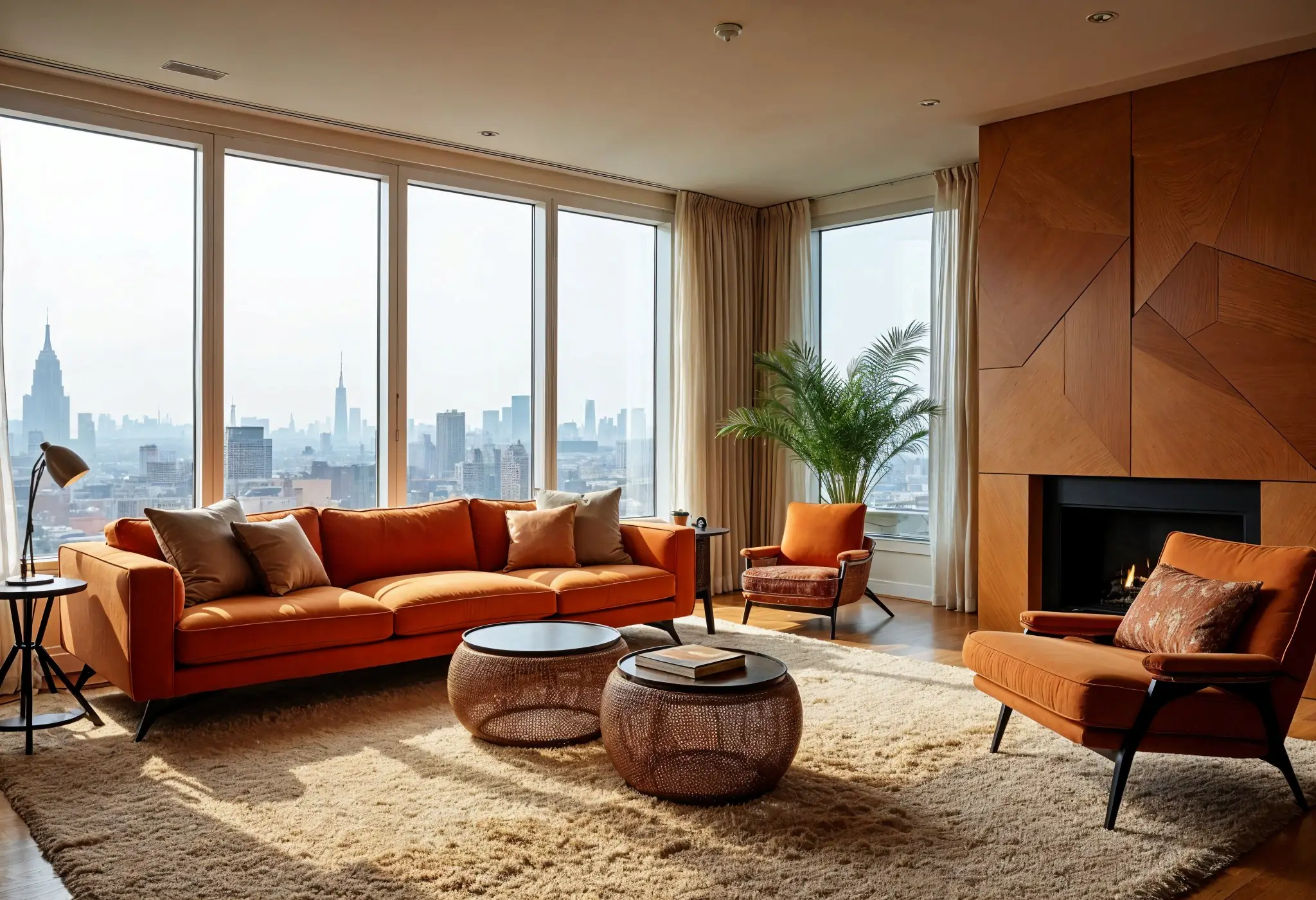 70s-inspired modern Manhattan living room with a Camaleonda sofa, shag carpet, rattan furniture, and a wood-paneled accent wall.
