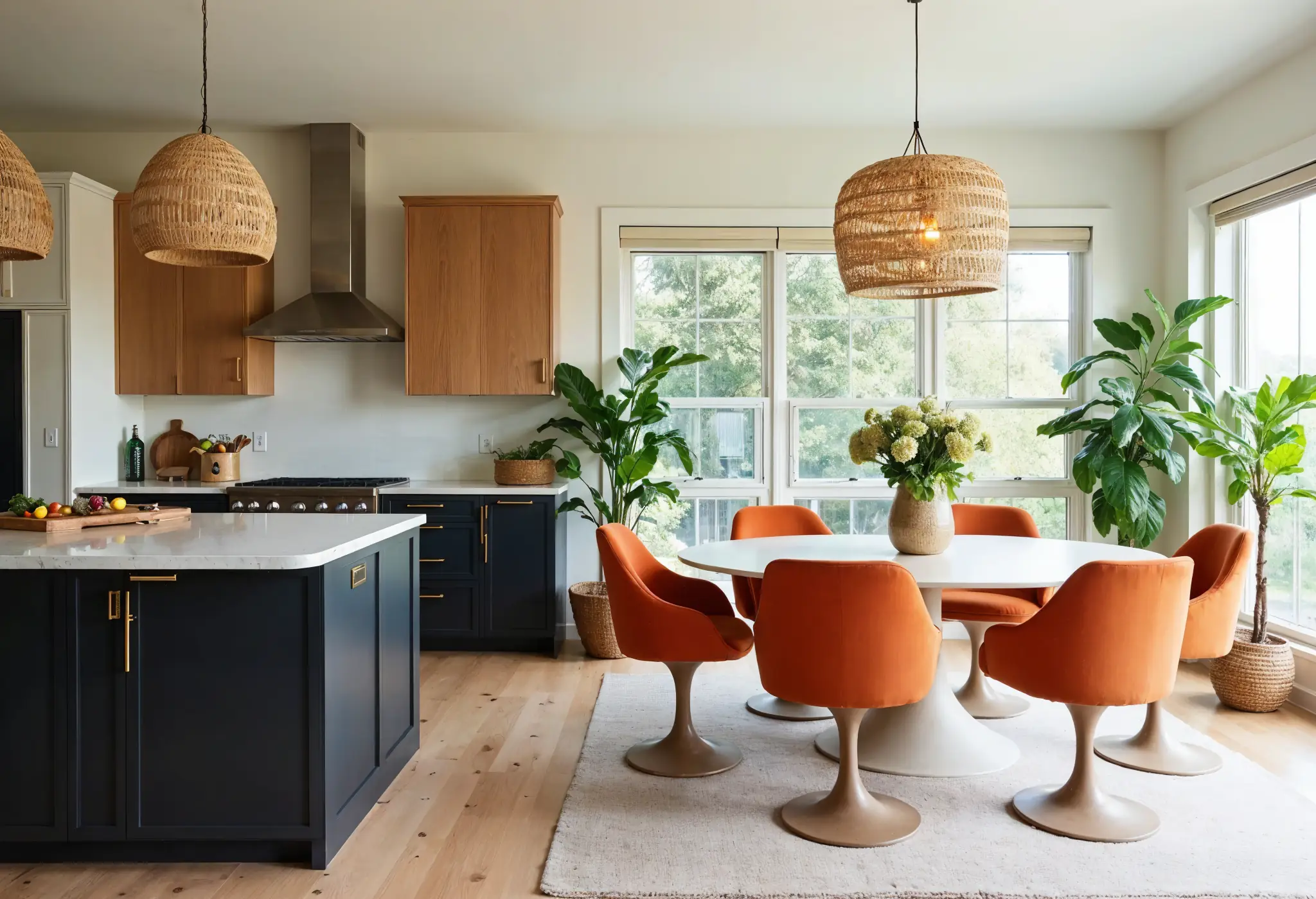 70s-inspired kitchen with dark cabinetry, brass hardware, a kidney-shaped island, and a tulip-style dining table.