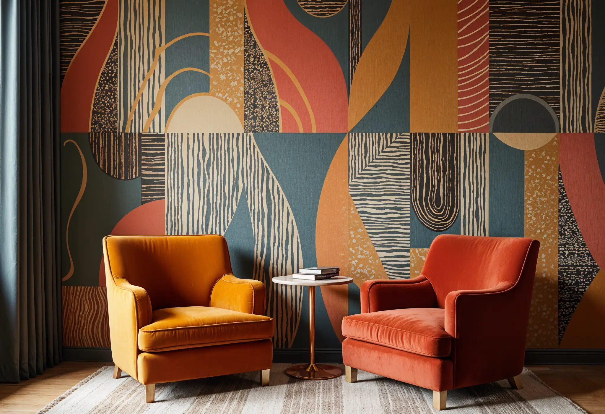 A 70s-inspired accent wall with bold geometric patterns and velvet armchairs in earthy tones.
