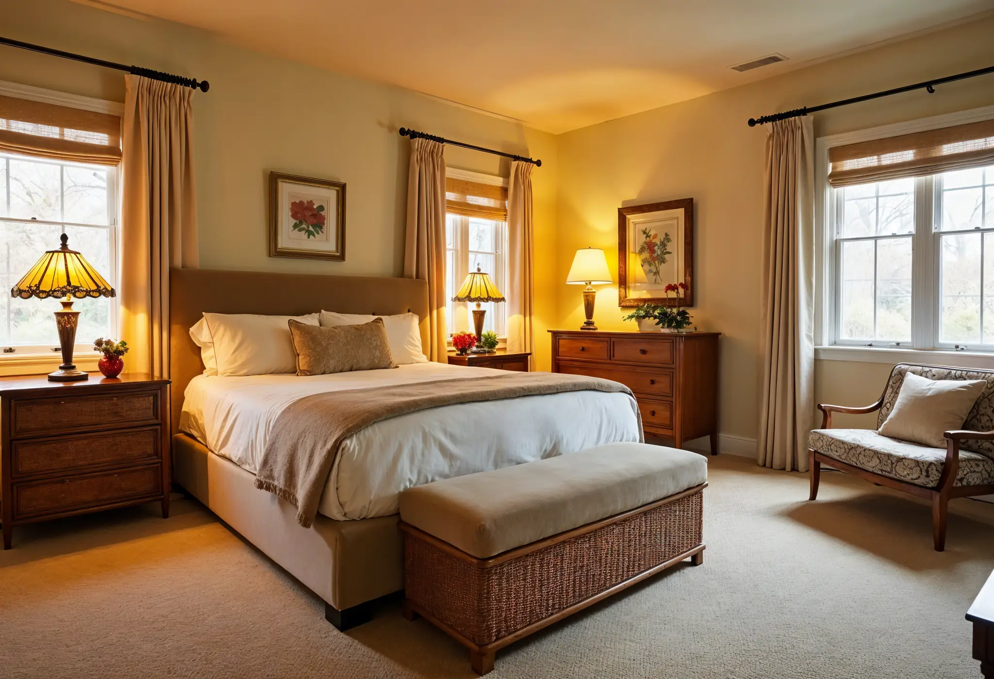 A modern bedroom with 70s-inspired elements like a platform bed, rattan nightstands, and a Tiffany-style lamp.