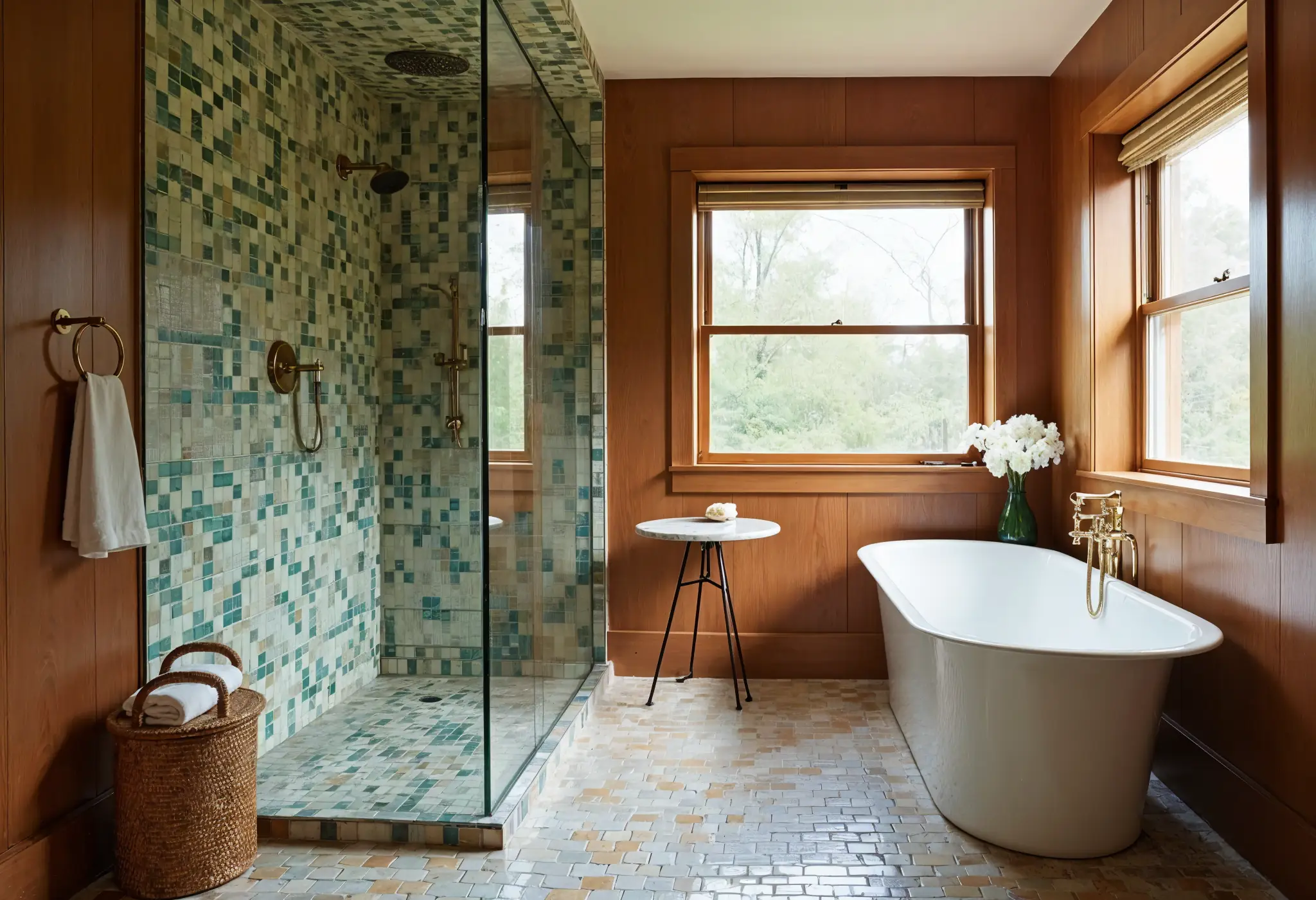 70s-inspired bathroom with mosaic tile, brass fixtures, a freestanding bathtub, and wood paneling.