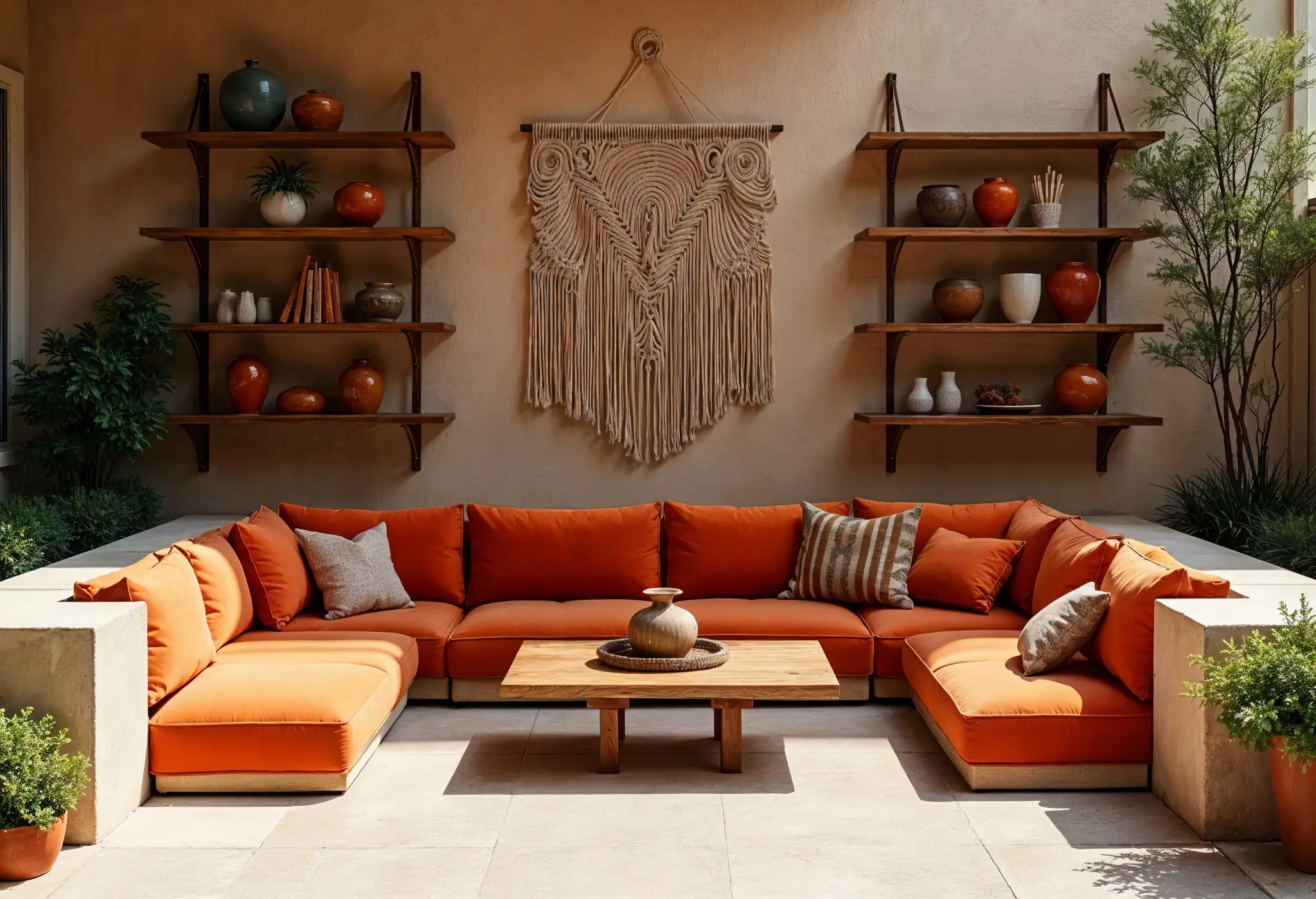 Sunken living room with burnt-orange seating, a retro coffee table, and macramé wall décor.