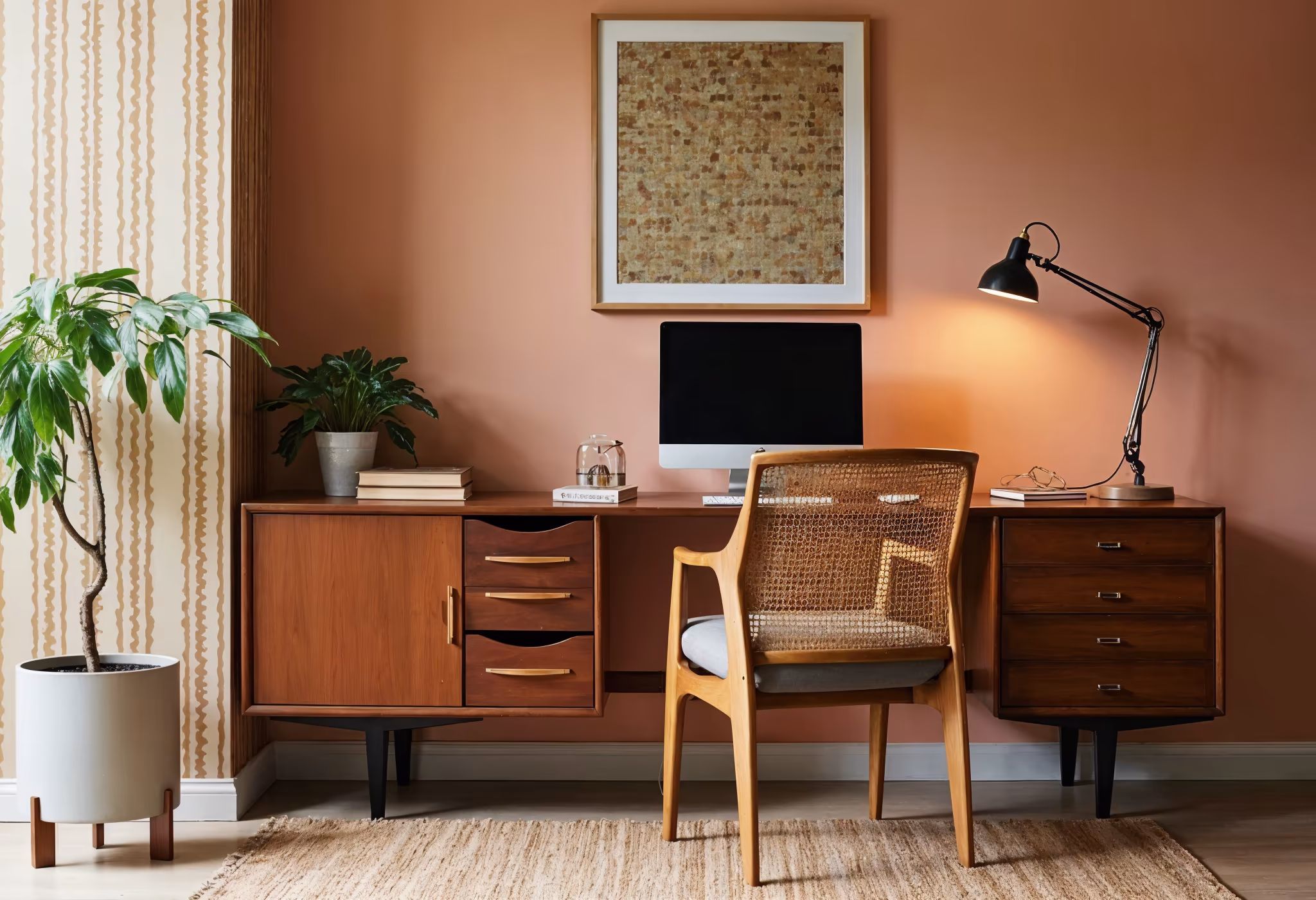 A modern office space with a 70s-inspired desk, rattan chair, and warm-toned accent wall.