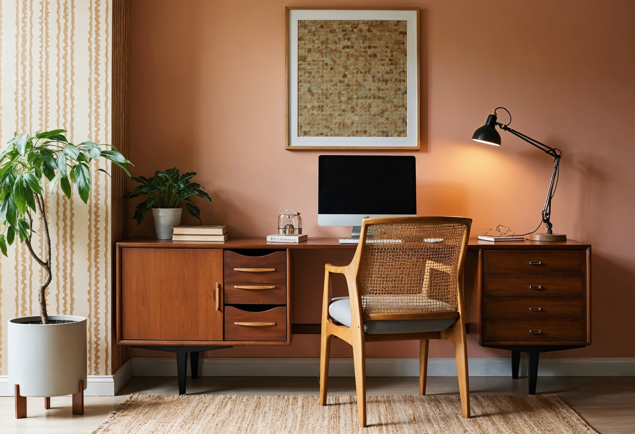 A modern office space with a 70s-inspired desk, rattan chair, and warm-toned accent wall.