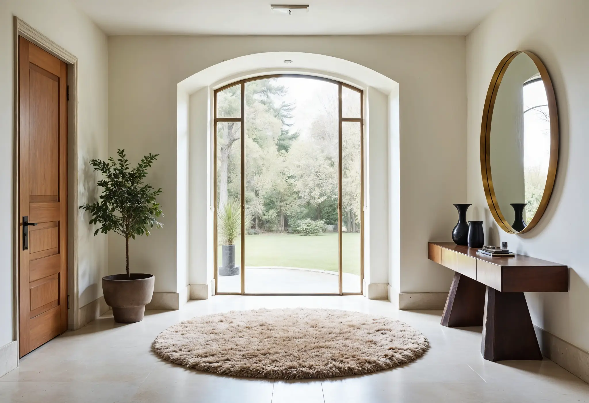 A 70s-inspired entryway with a brass mirror, shag rug, and sculptural console table.