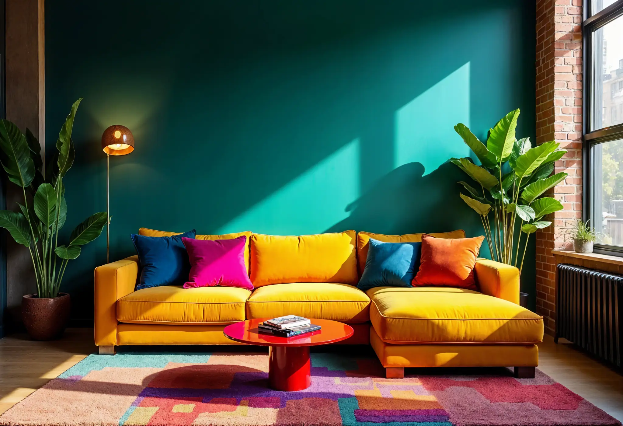 A modern Manhattan living room featuring dopamine decor, with a mustard-yellow sofa, teal walls, and colorful accents.