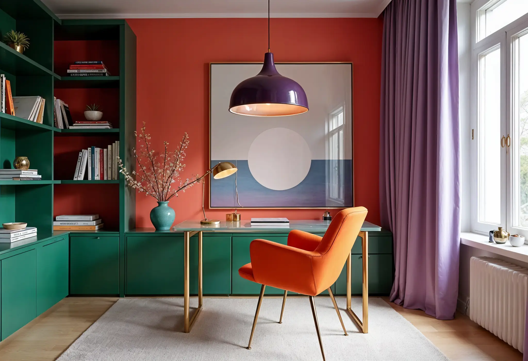 A dopamine-inspired home office in a Manhattan apartment featuring a coral wall, emerald bookshelves, and an orange chair.