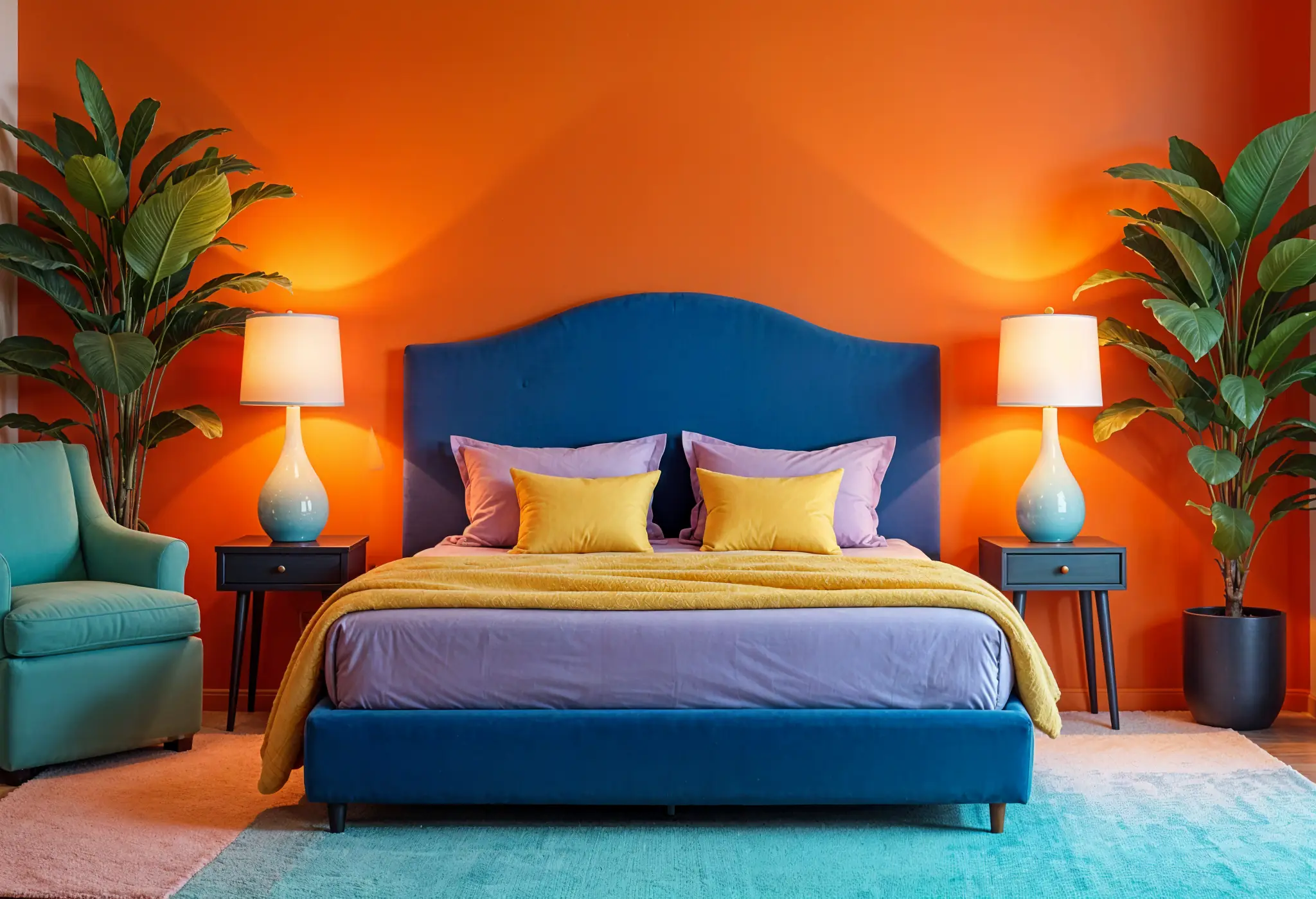 A vibrant dopamine decor bedroom in Manhattan featuring a royal blue headboard, orange walls, and colorful accents.