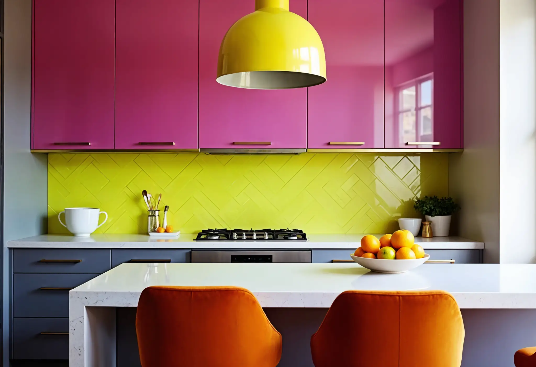 A dopamine-inspired kitchen in Manhattan featuring magenta cabinets, a lime-green backsplash, and colorful bar stools.