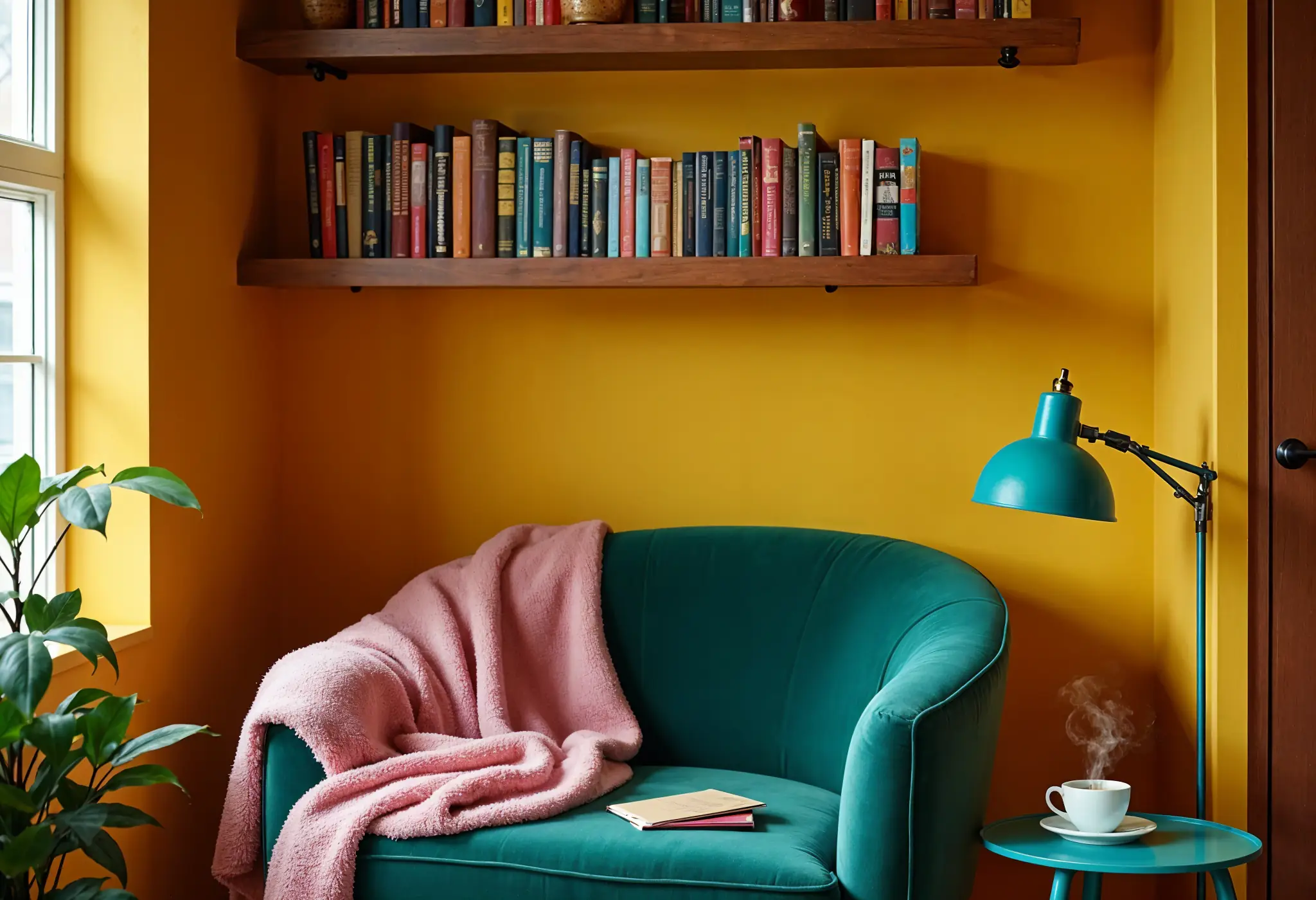 A dopamine-inspired reading nook in Manhattan featuring a green velvet chair, mustard-yellow walls, and a blue floor lamp.