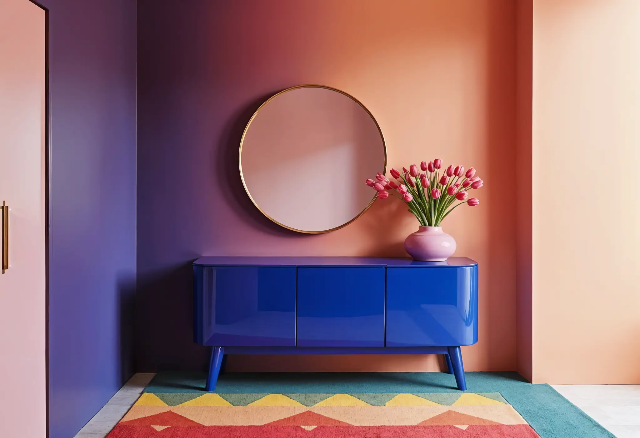 A dopamine-inspired hallway in Manhattan featuring an ombre wall, a blue console table, and a bold geometric rug.