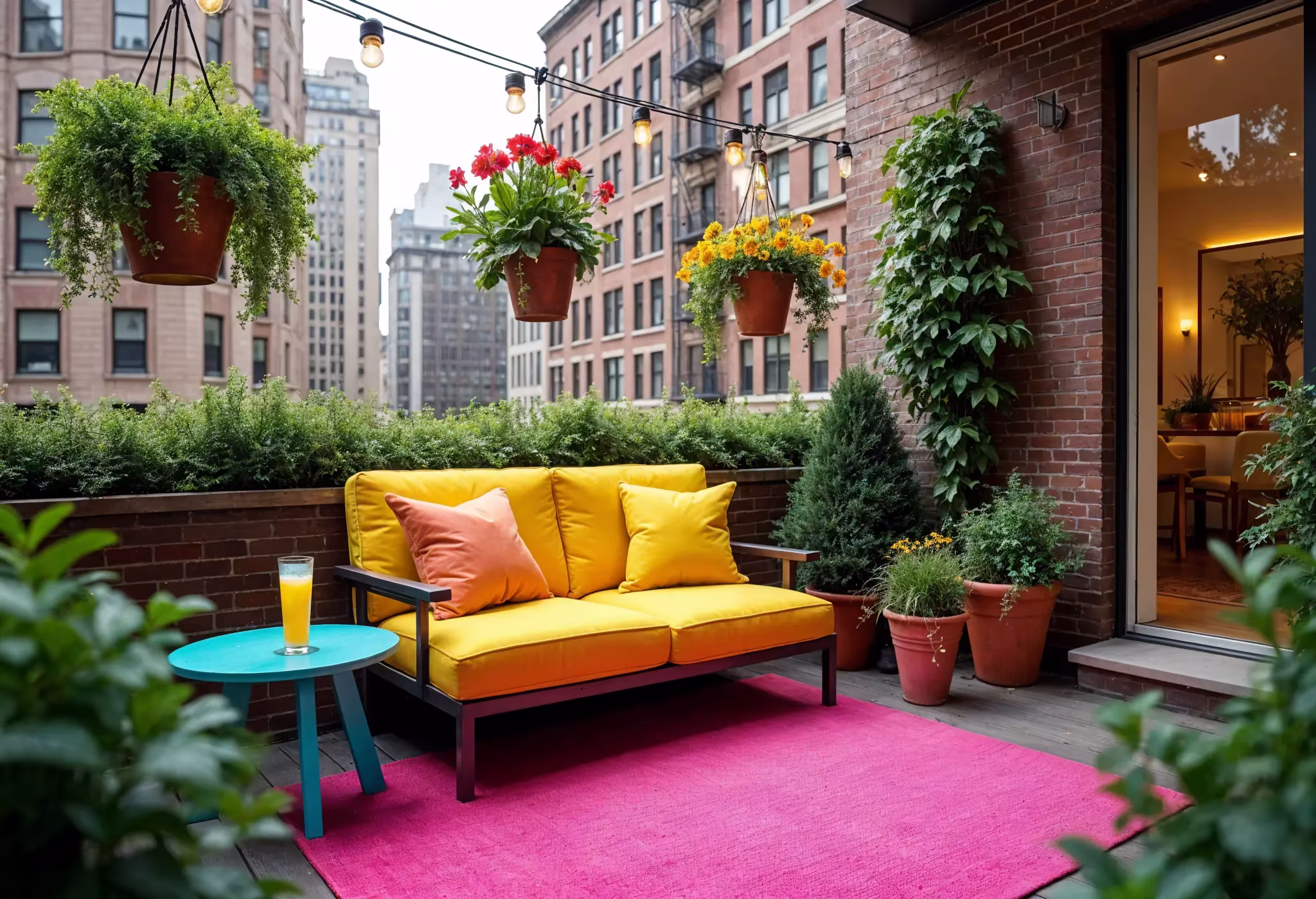 A dopamine-inspired balcony in Manhattan featuring a yellow loveseat, turquoise table, and colorful plants.