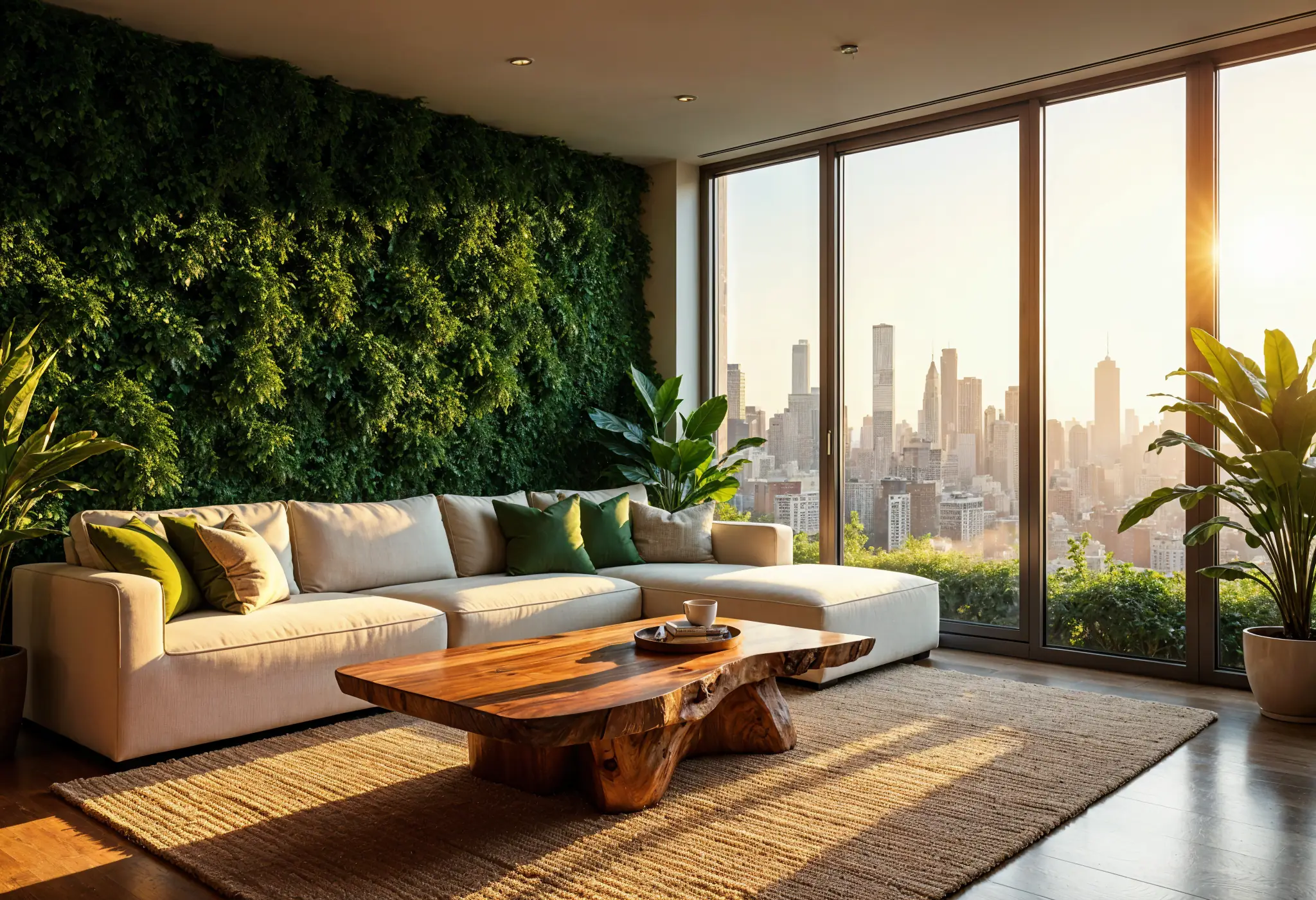 Luxury Manhattan living room with a vertical garden, large windows, natural light, and earthy decor.