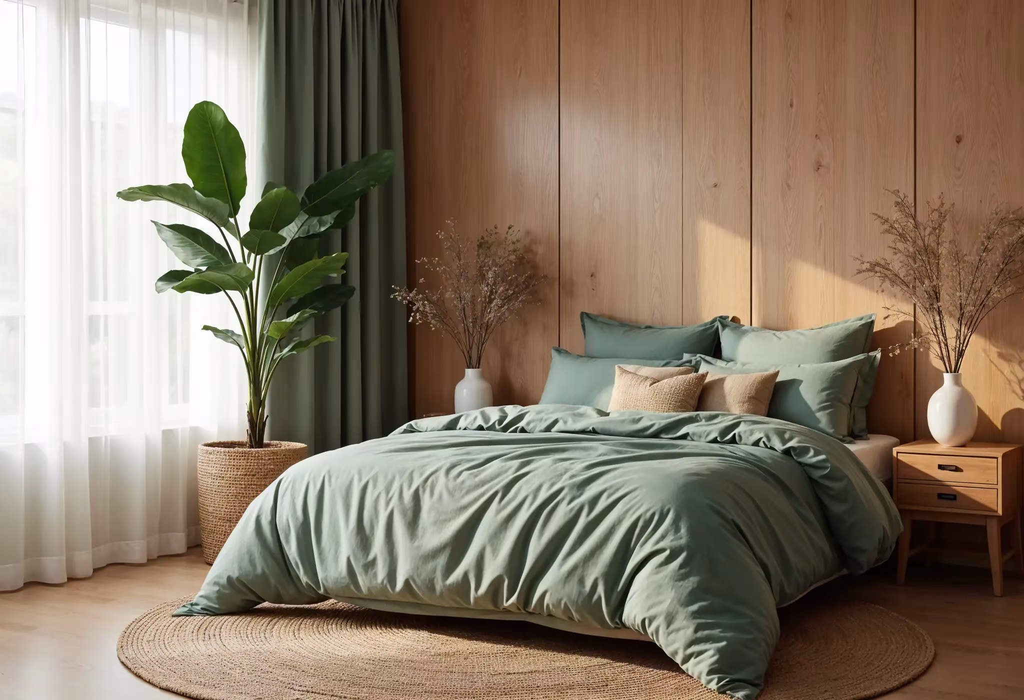 Biophilic bedroom with a wooden accent wall, organic linens, indoor plants, and soft natural lighting.