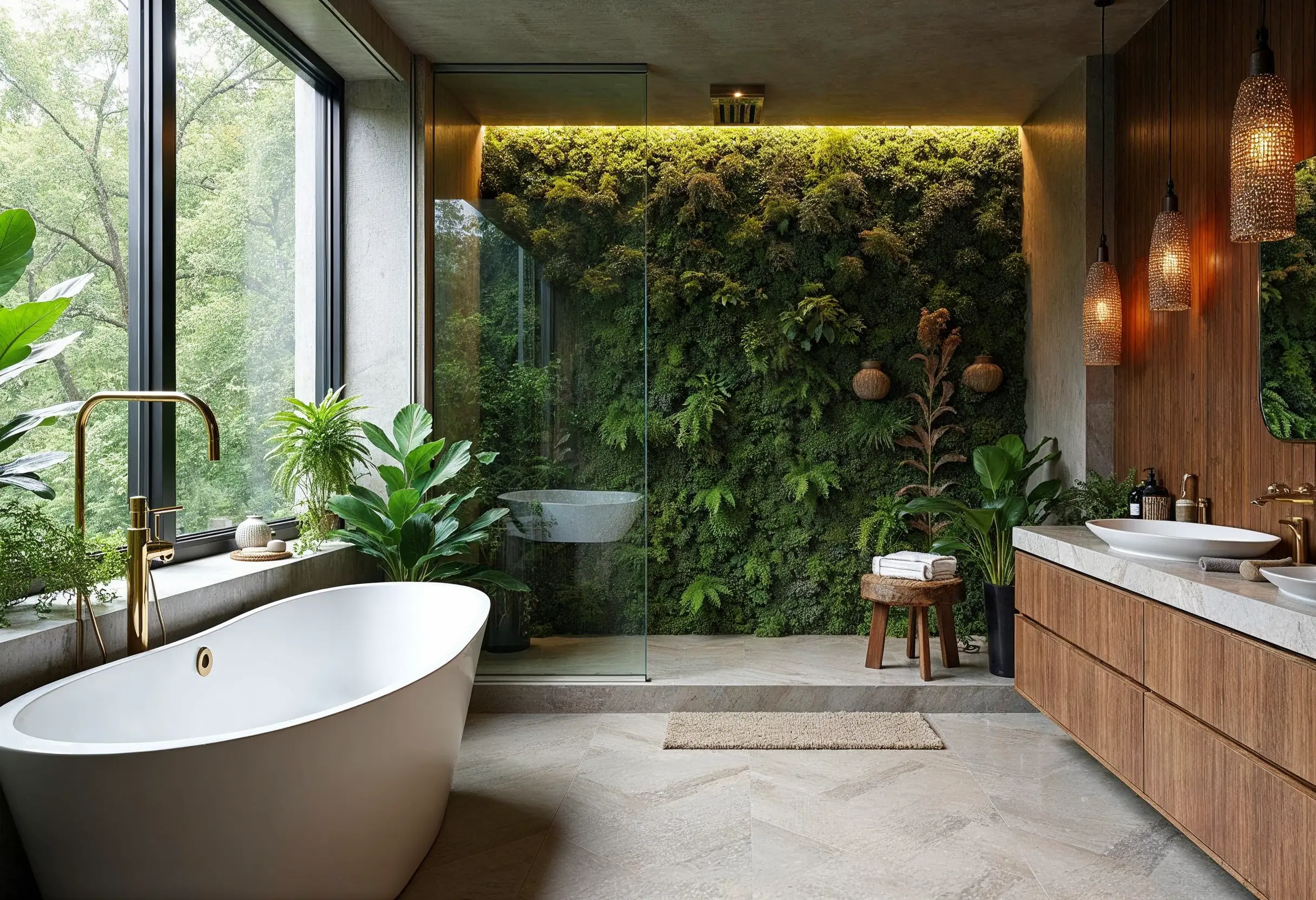 Nature-inspired bathroom with a freestanding tub, living wall, rainfall shower, and wood accents.