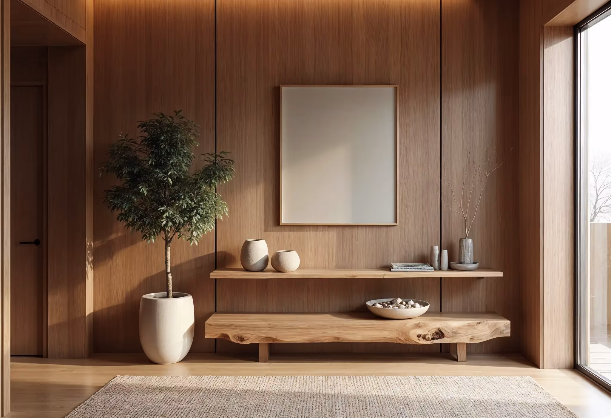 Manhattan apartment entryway with wooden paneling, indoor tree, stone decor, and soft lighting.