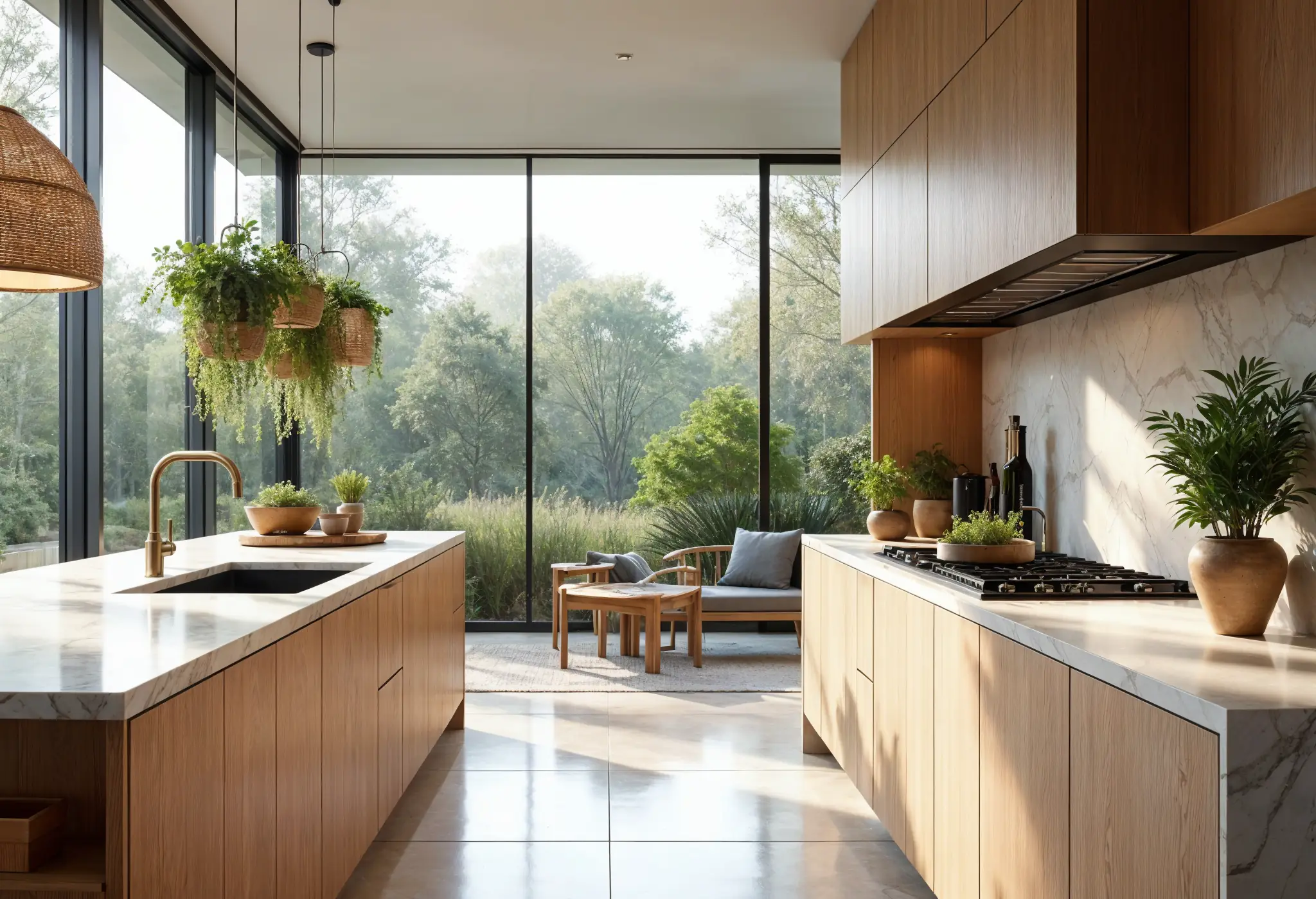 Modern kitchen with light wood cabinetry, marble island, hanging plants, and rooftop garden views.