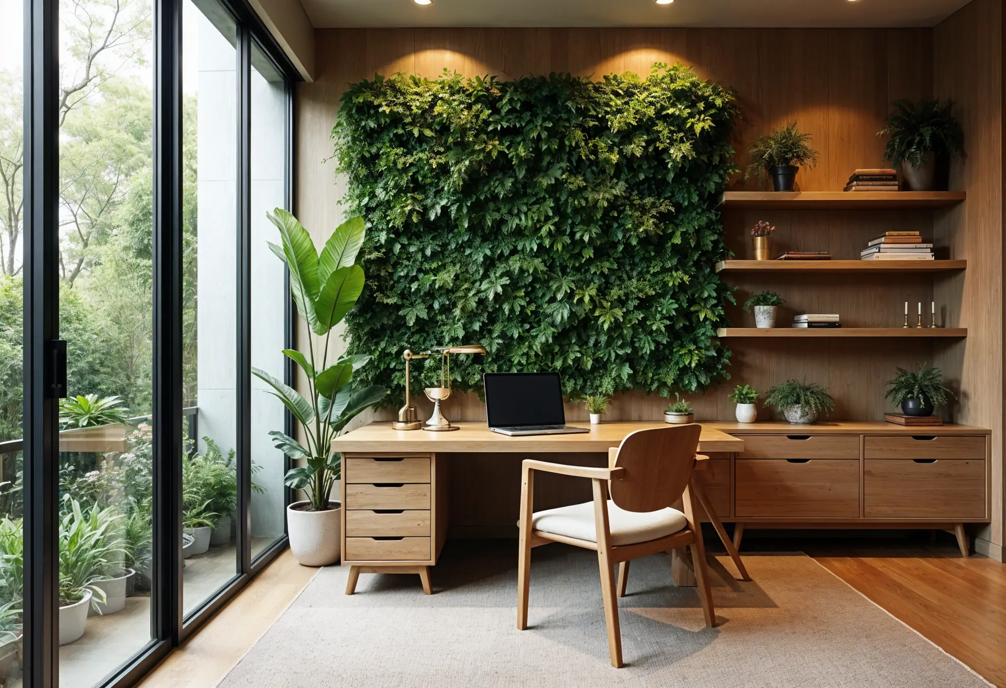 Biophilic home office with a wooden desk, vertical garden, natural lighting, and earthy decor.