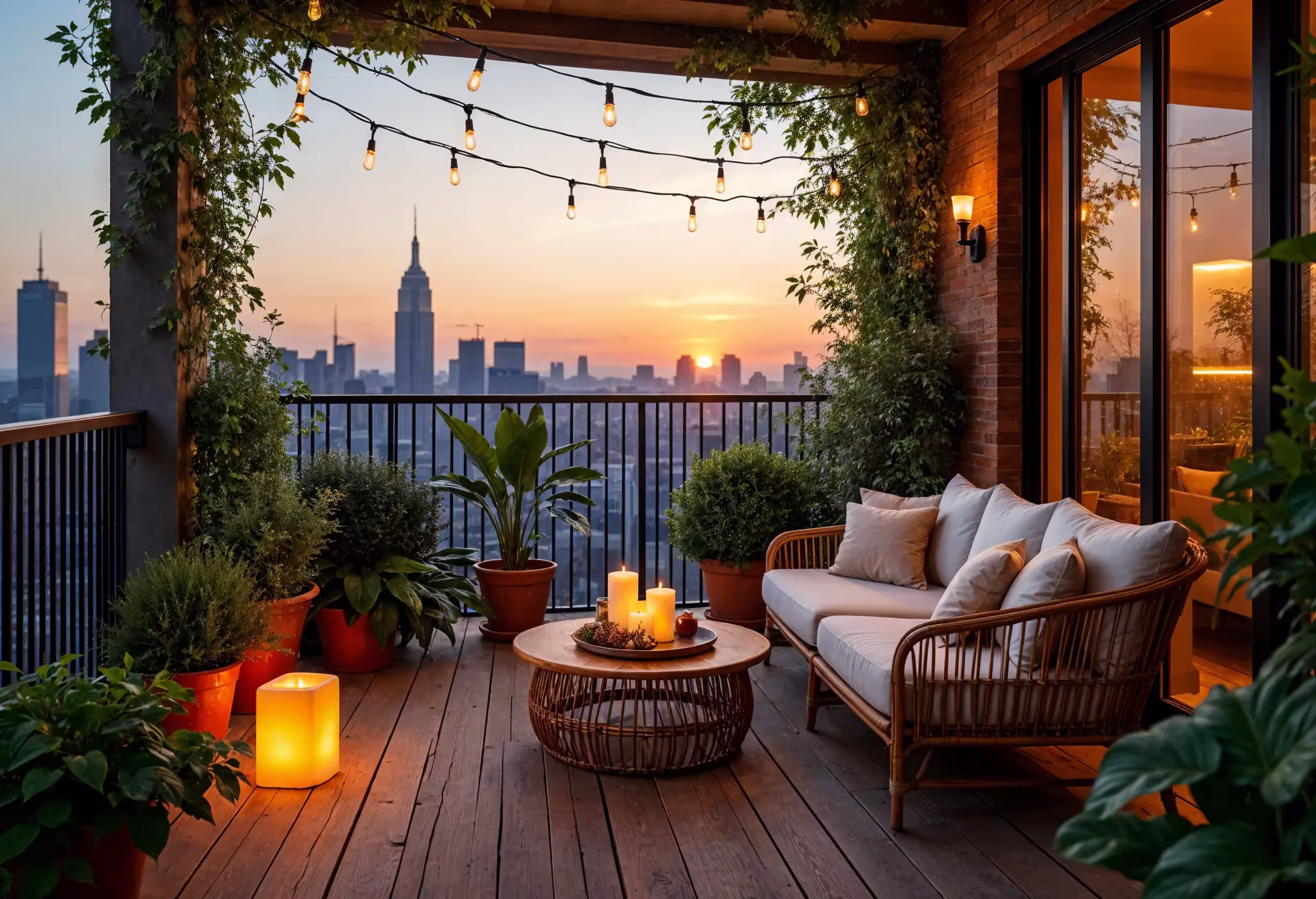 Biophilic balcony with wooden deck, potted plants, cozy seating, and city skyline views.