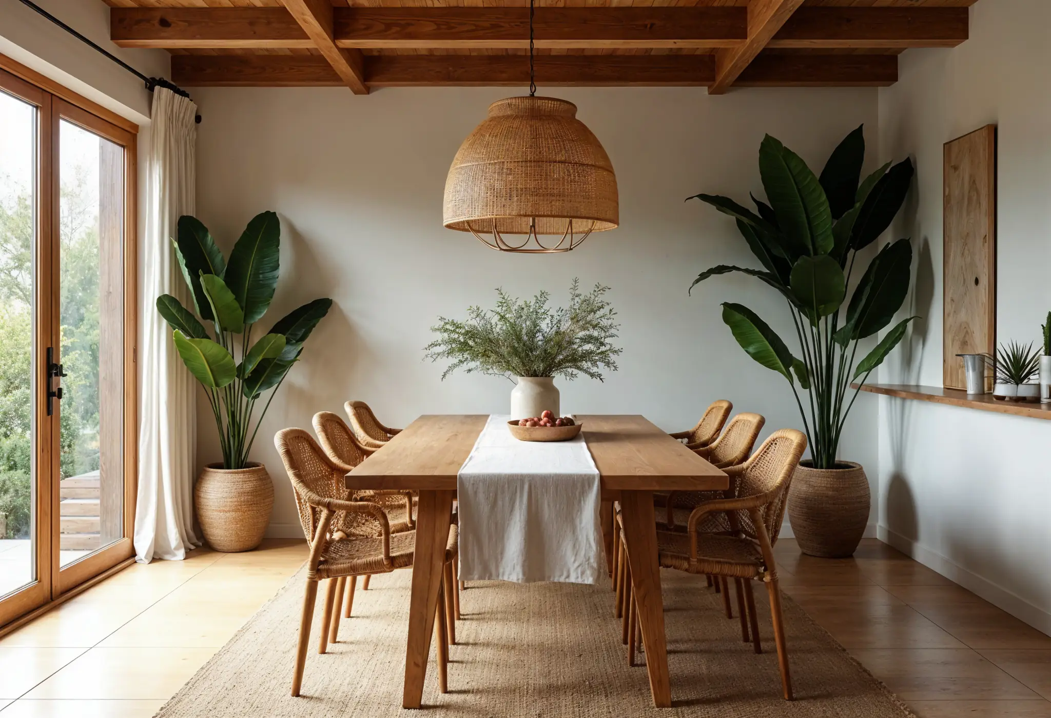 Nature-inspired dining room with wooden table, woven chairs, rattan pendant light, and greenery.