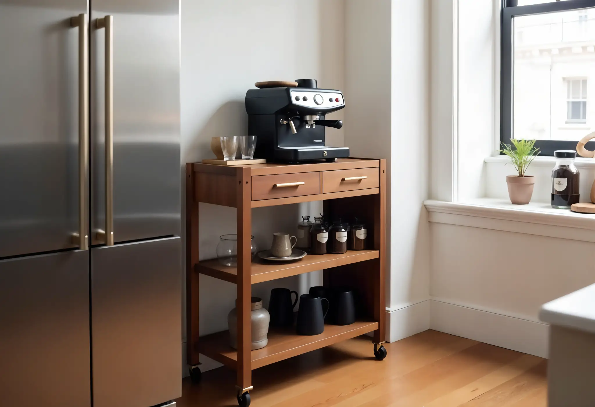 Walnut coffee cart with brass in Manhattan kitchen.