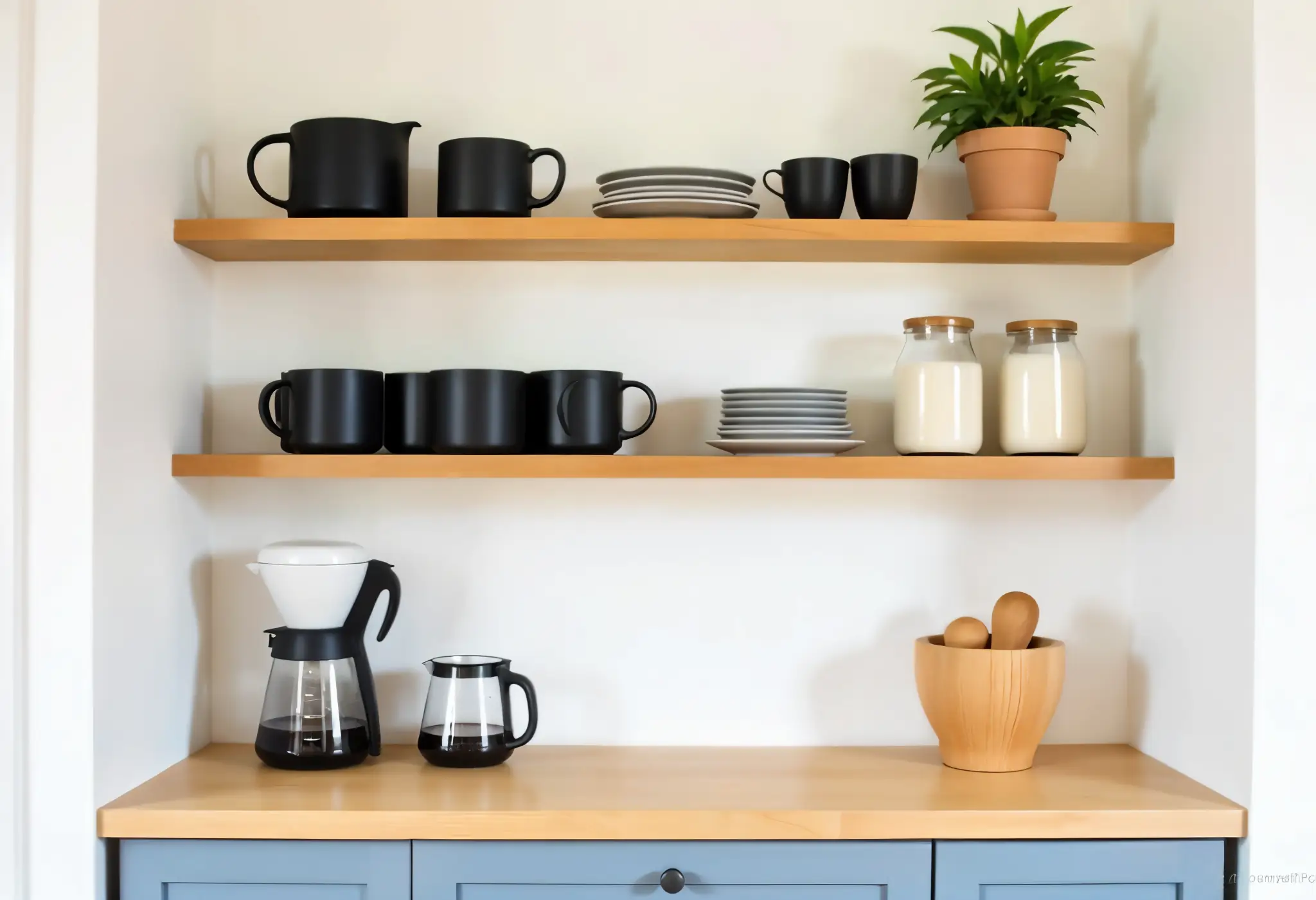 Floating coffee bar shelves with black accents.