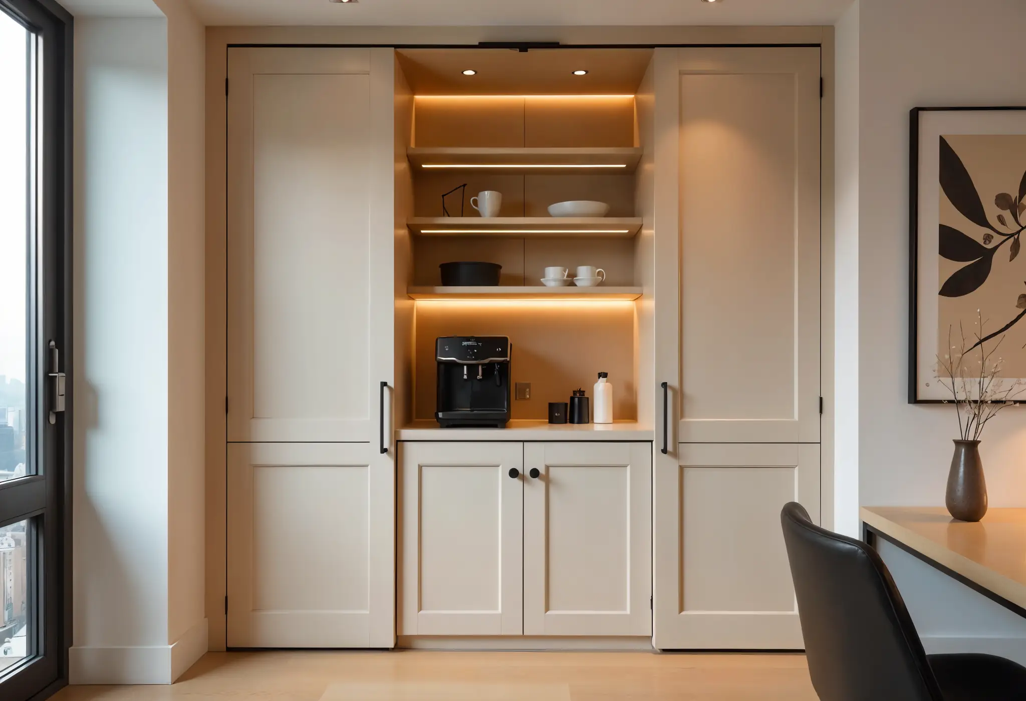 Concealed coffee bar in Manhattan kitchen.