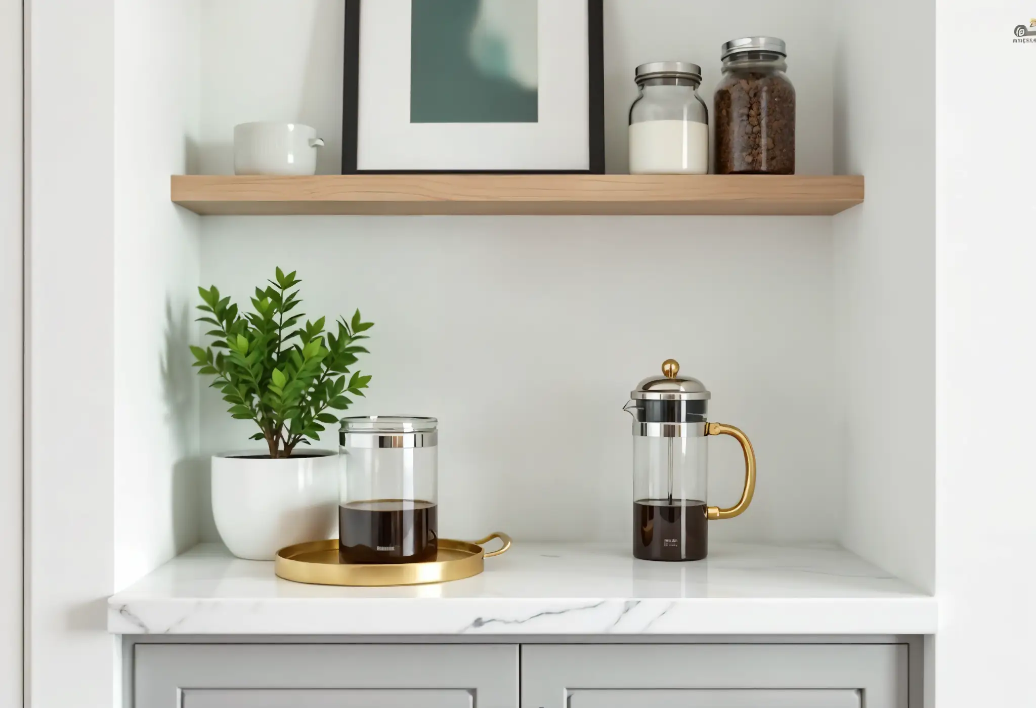 Marble corner coffee station with gold and herbs.