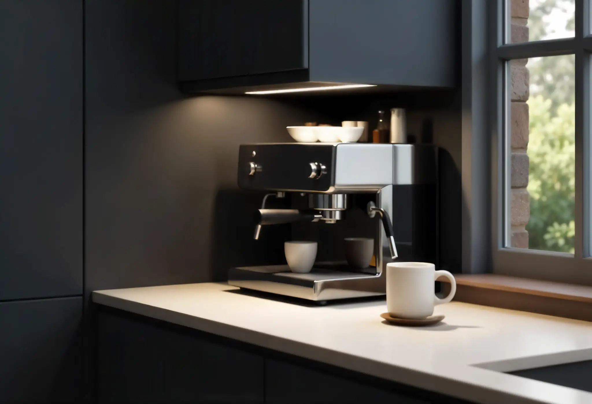 LED-lit coffee station under dark kitchen cabinets.