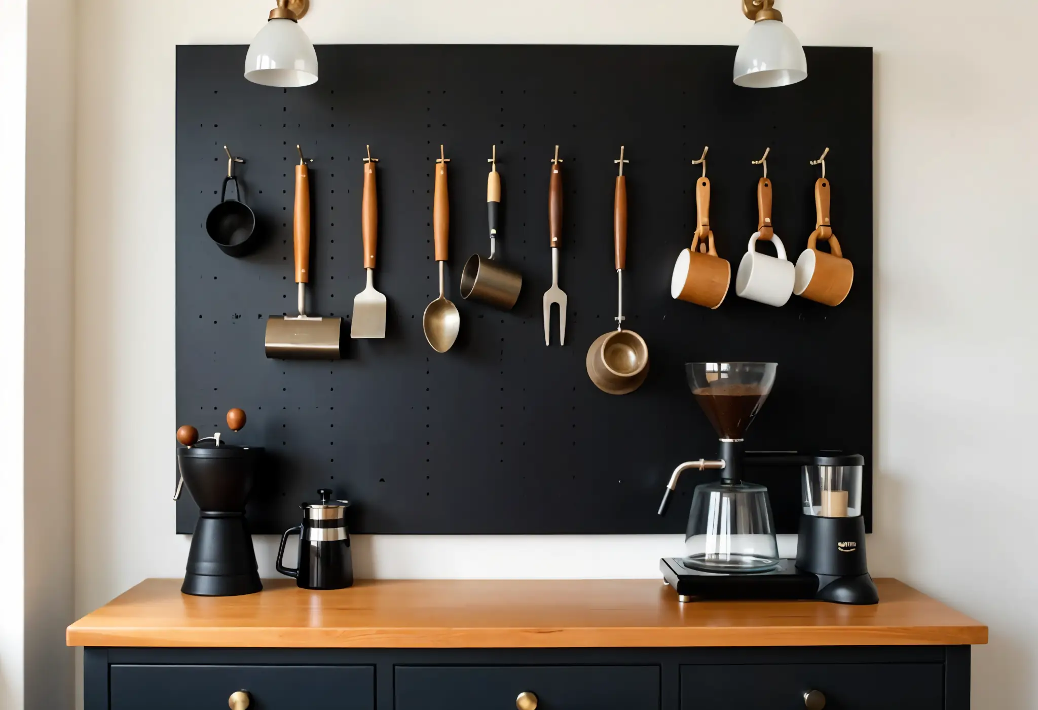 Matte black pegboard with coffee tools.