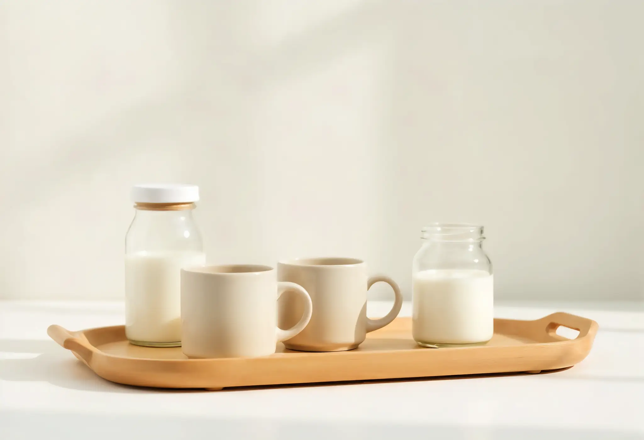 Minimalist beige coffee setup with wood and glass.