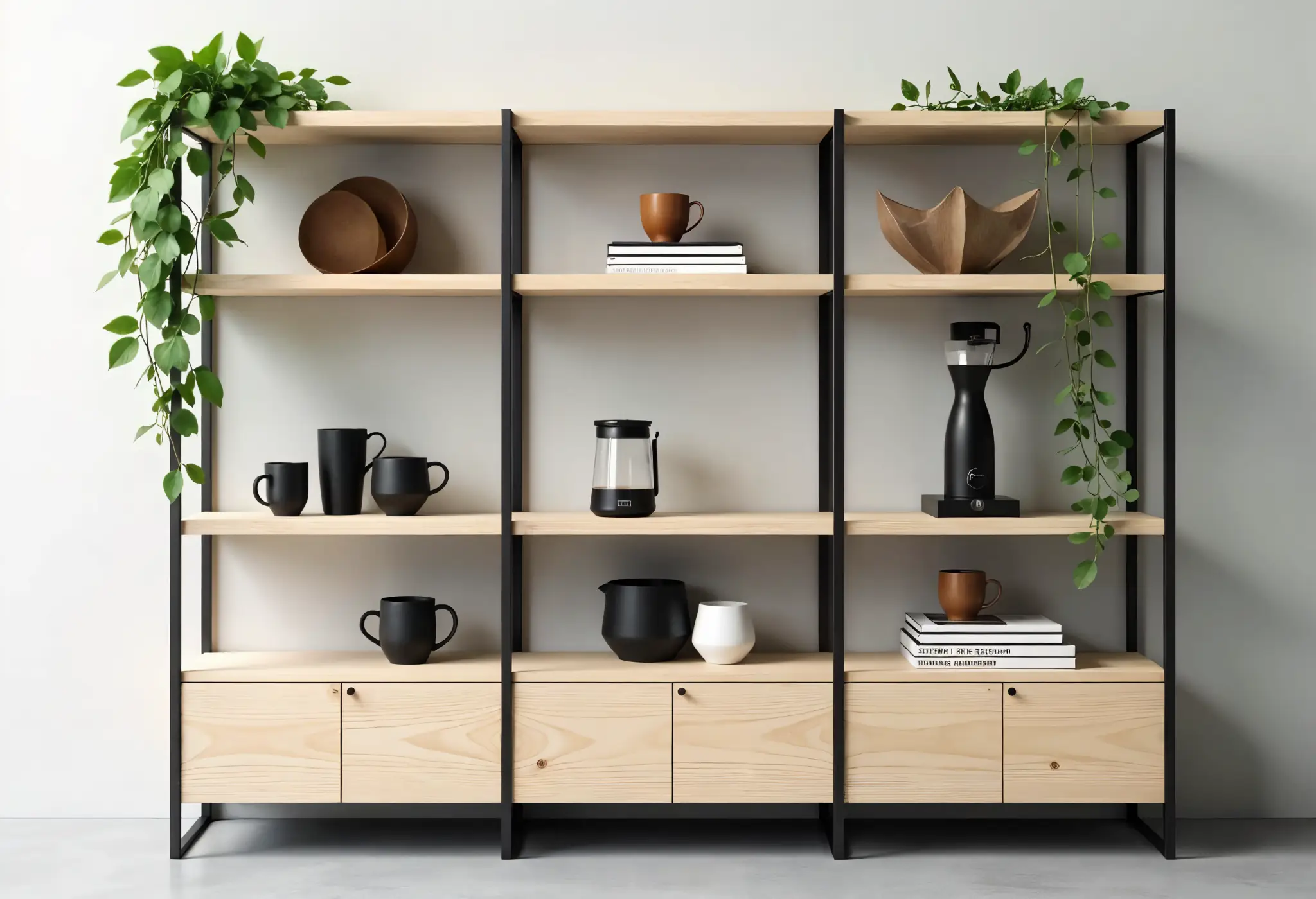 Oak and steel shelving with upscale coffee setup