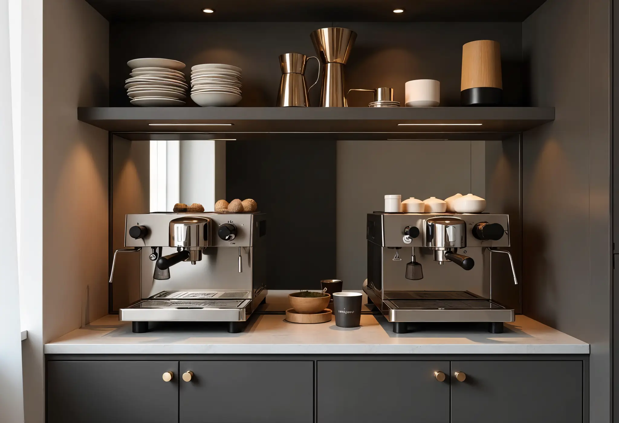 Espresso nook with mirror and modern machine.