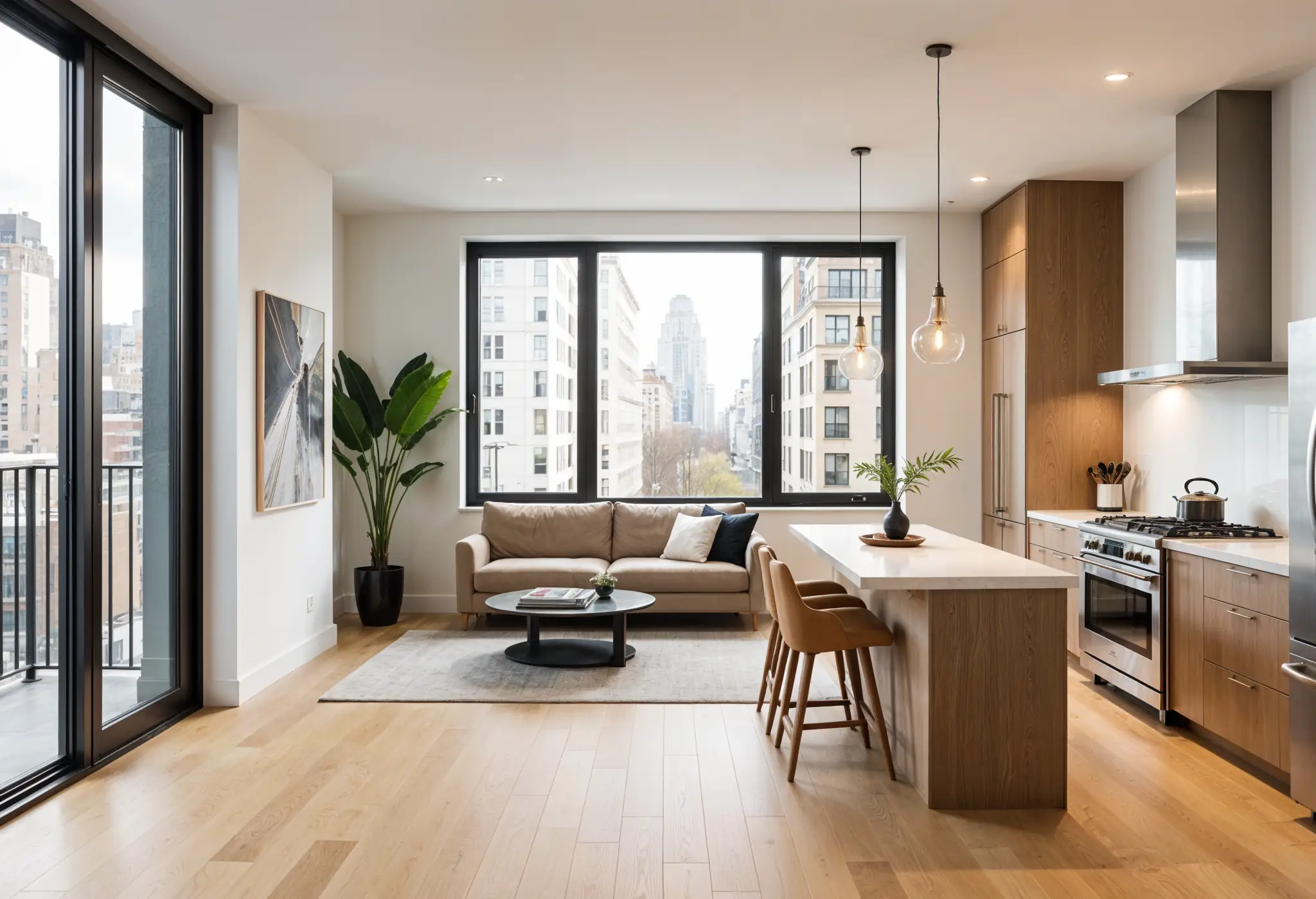 Glass partitions in semi-open kitchen layout in a modern Manhattan apartment kitchen.