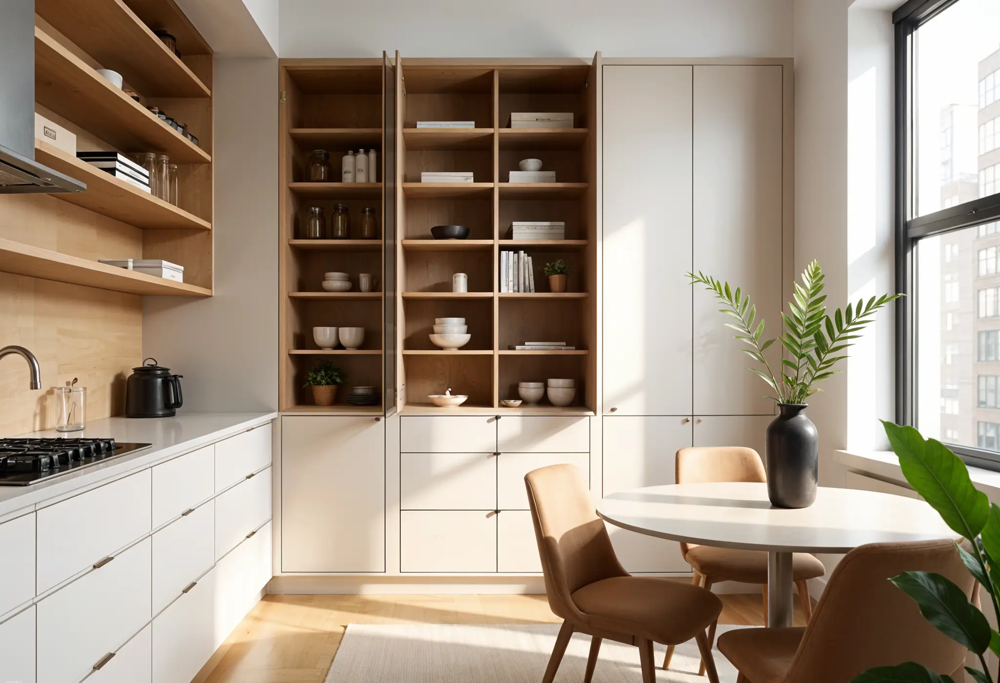 Storage solutions with tall pantry cabinets in a modern Manhattan apartment kitchen.