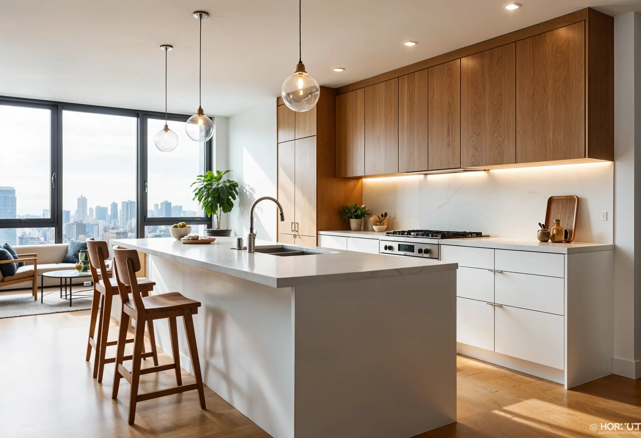 Kitchen island with built-in cooktop in a modern Manhattan apartment kitchen.