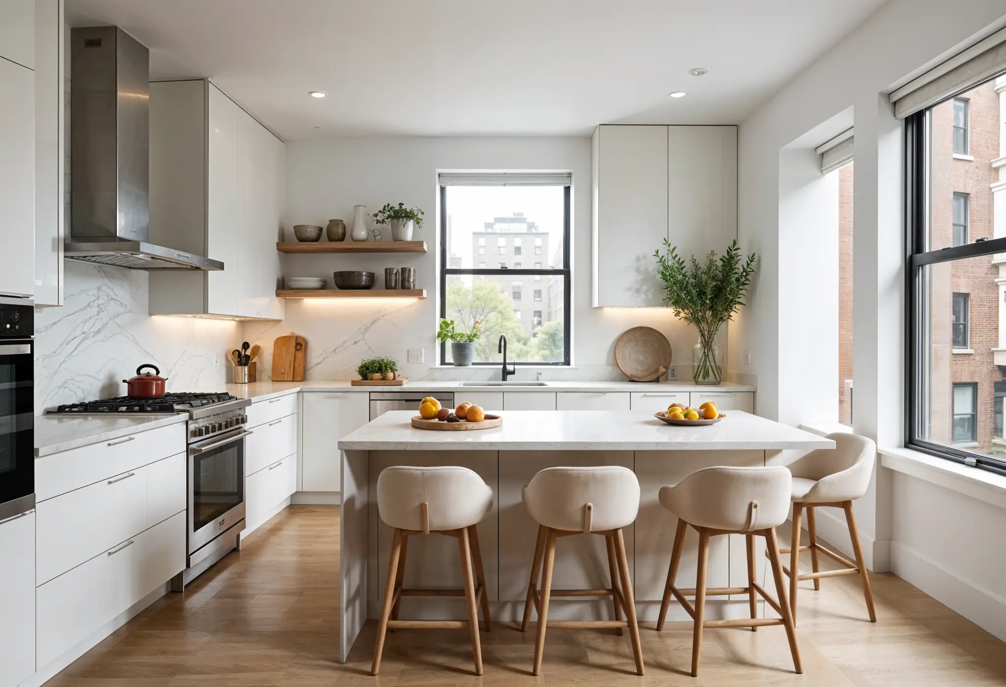 Dual kitchen layout with show and prep areas in a modern Manhattan apartment kitchen.