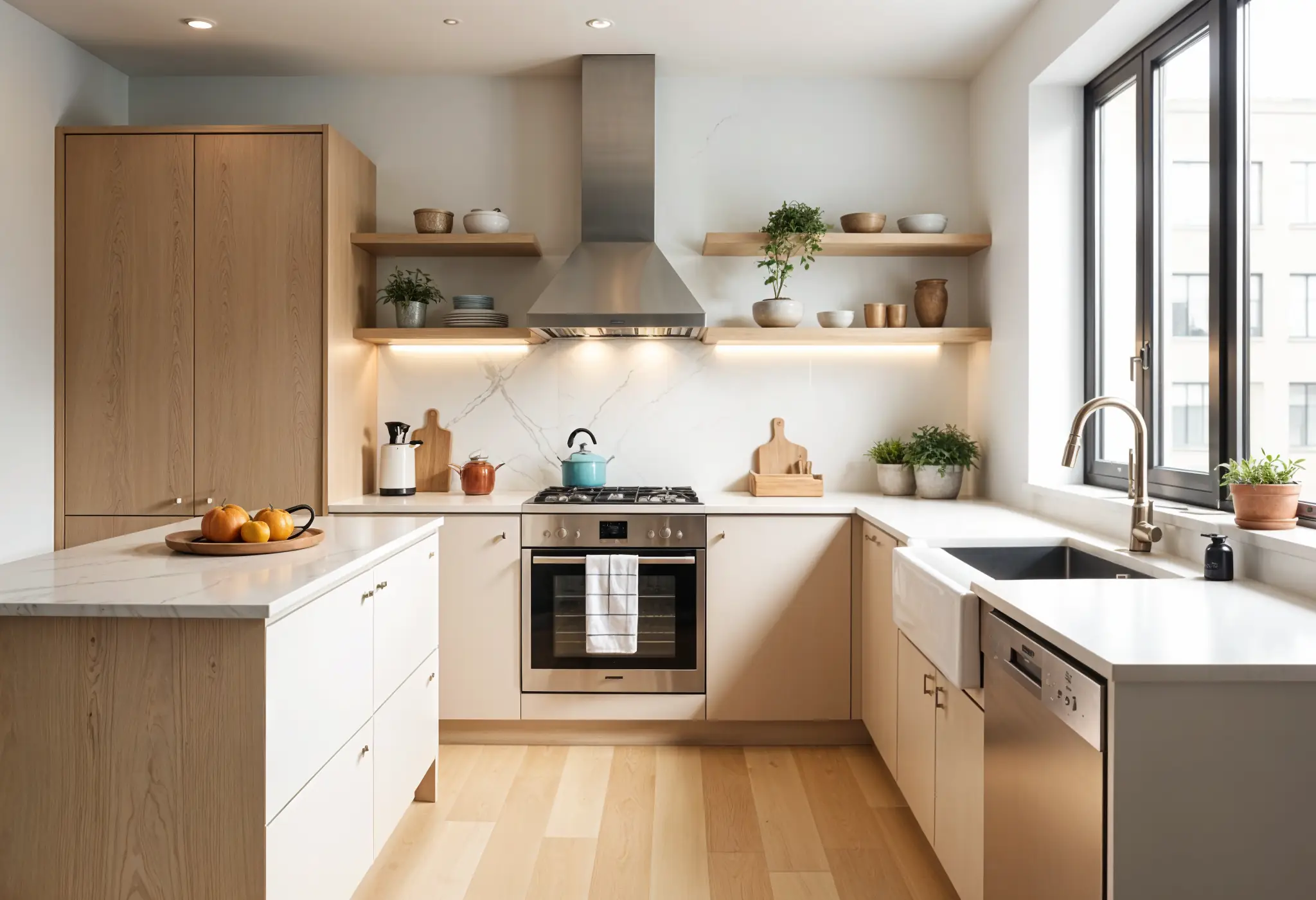 Family-friendly kitchen with child-safe features in a modern Manhattan apartment kitchen.