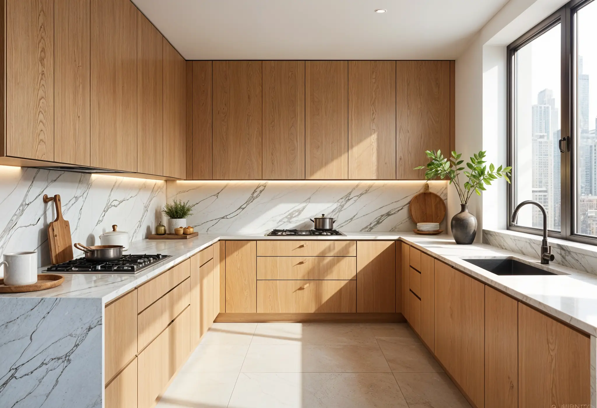 Natural materials like stone and wood in a modern Manhattan apartment kitchen.