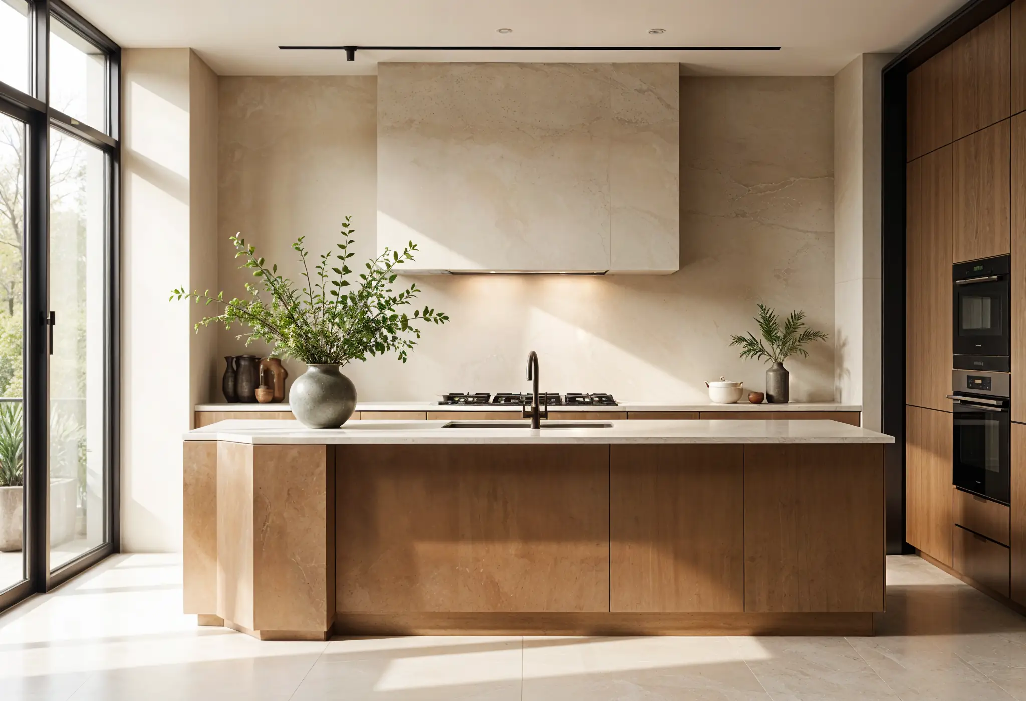 Manhattan luxury kitchen with limewash walls and aged bronze island