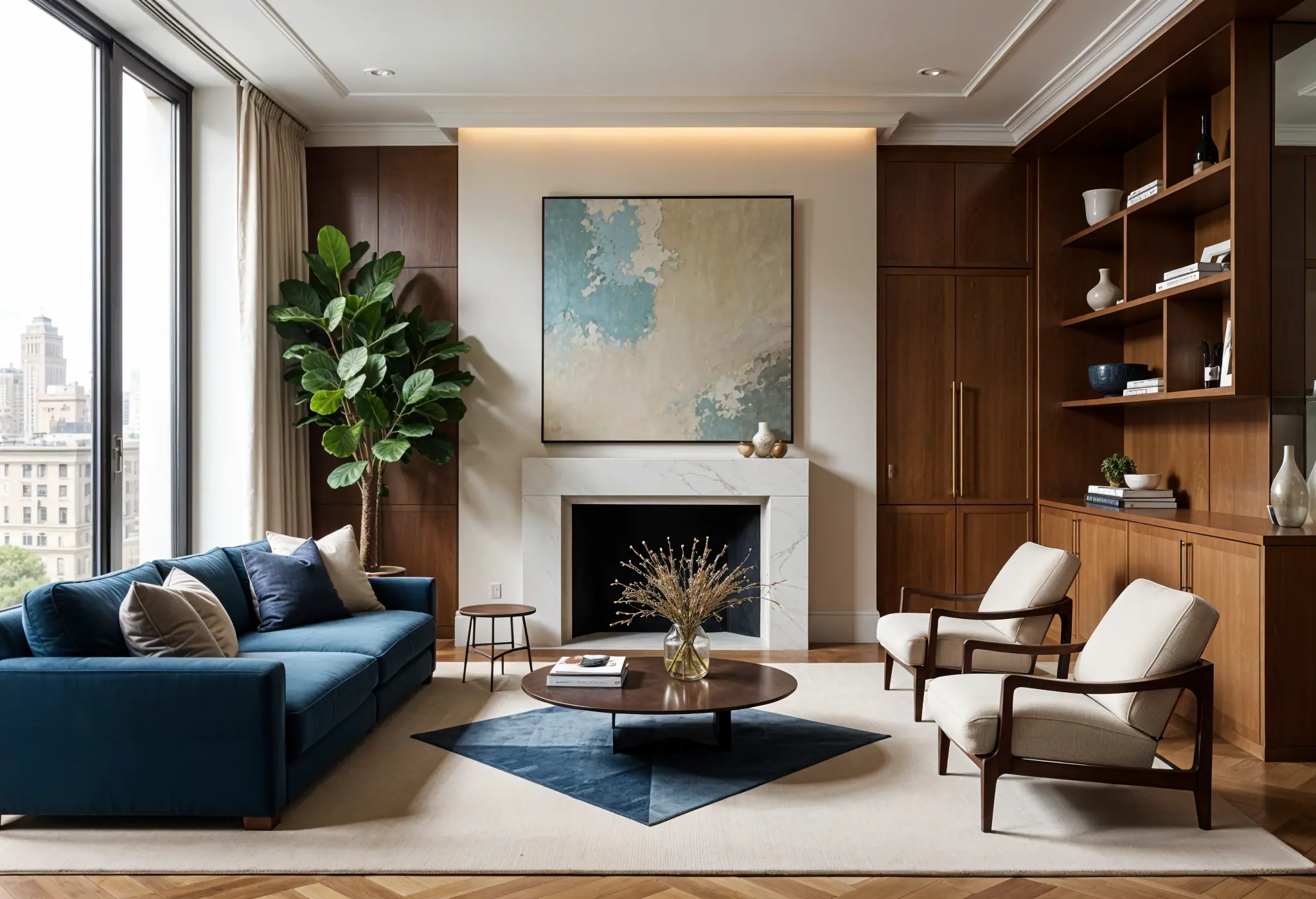 Luxury Manhattan living room with silk sofa and patterned wool rug