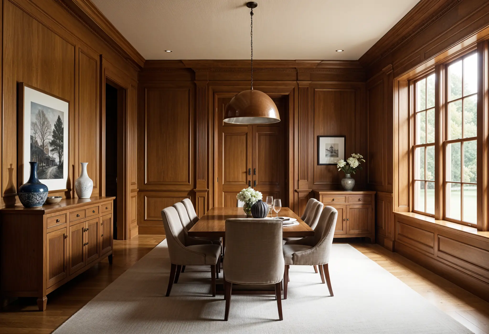 Custom millwork dining room with fluted oak panels and velvet chairs