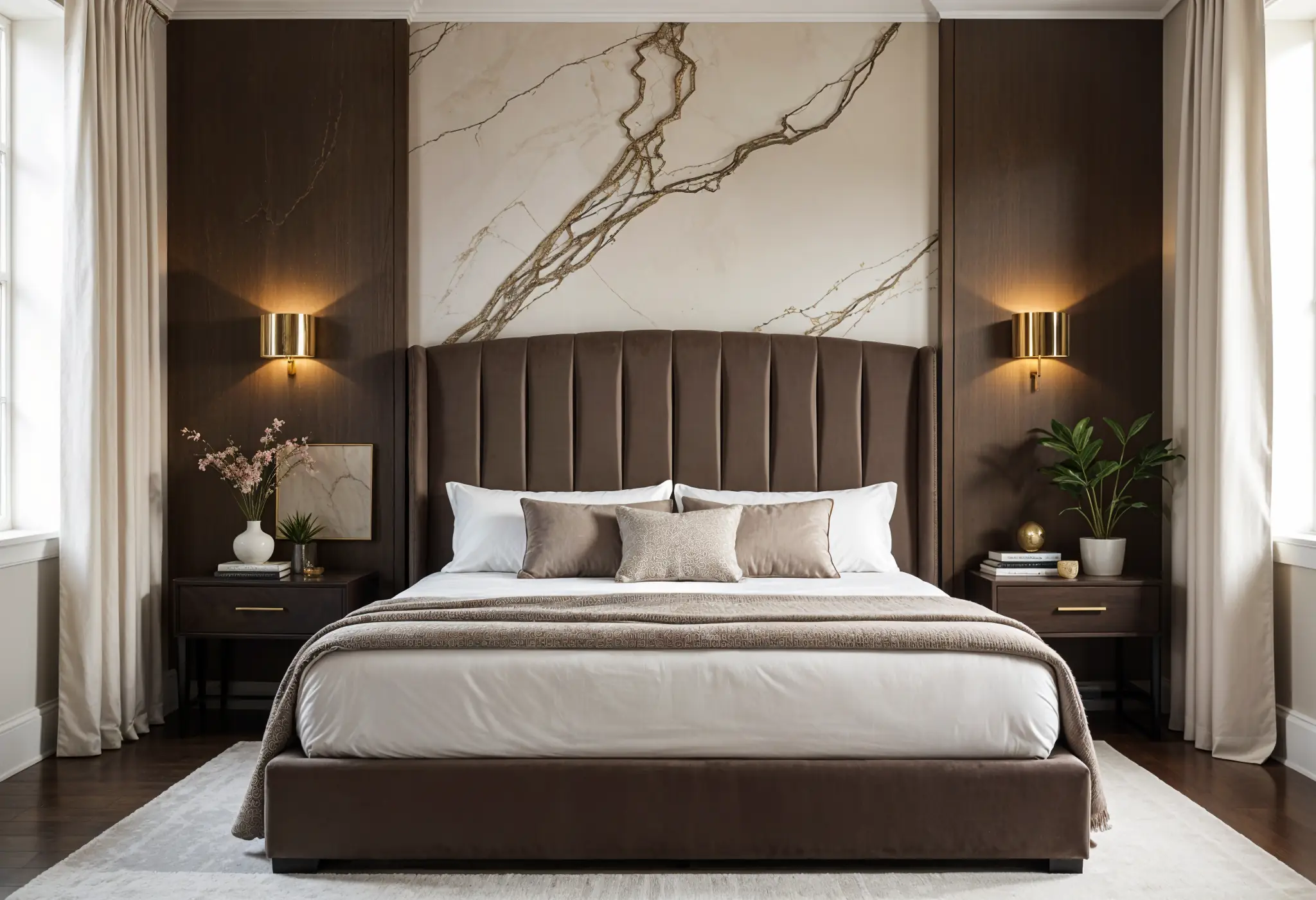 Luxury Manhattan bedroom with velvet headboard and marble wall