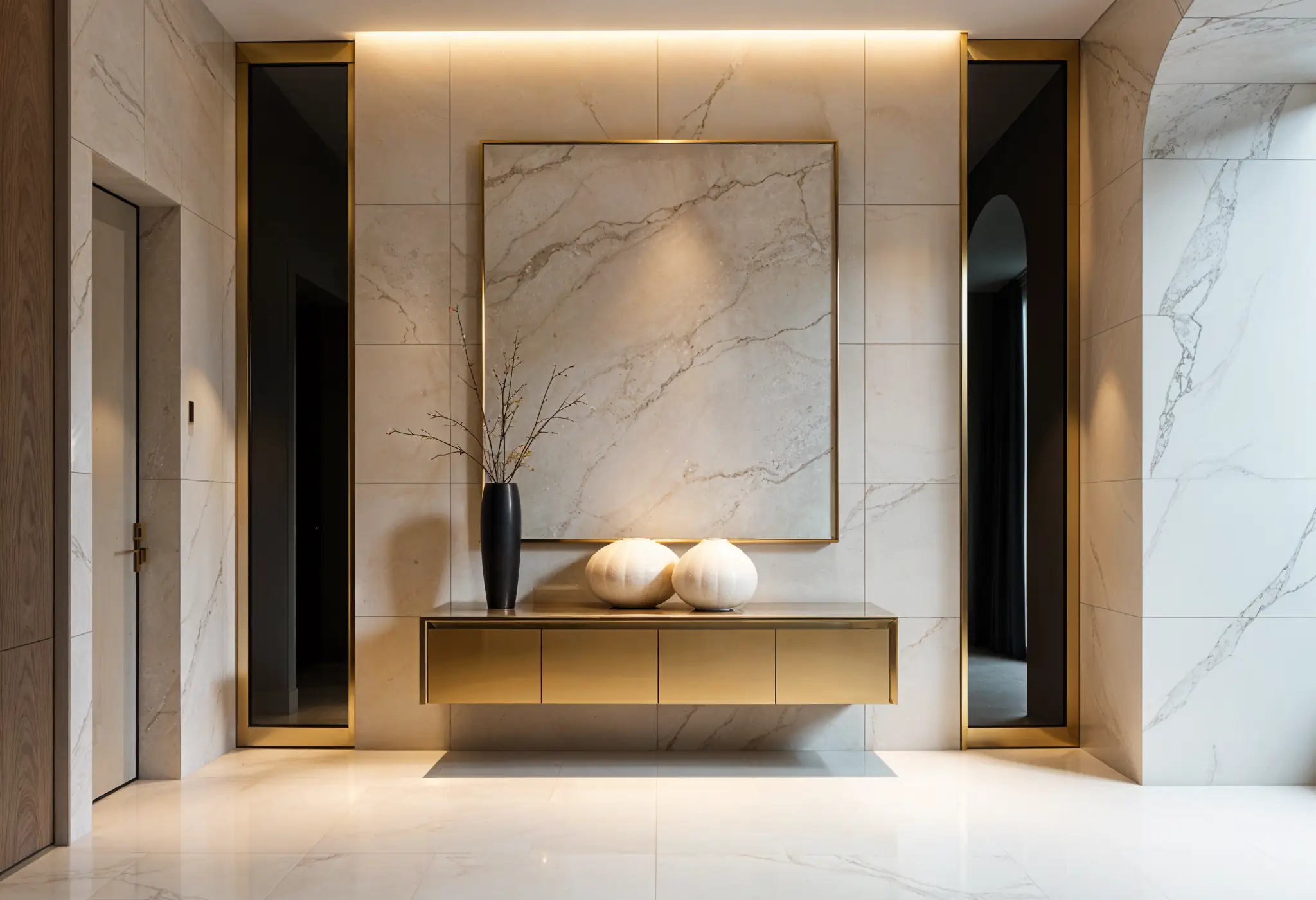 Luxury entryway with limestone, brass, and mirror panels in Manhattan home